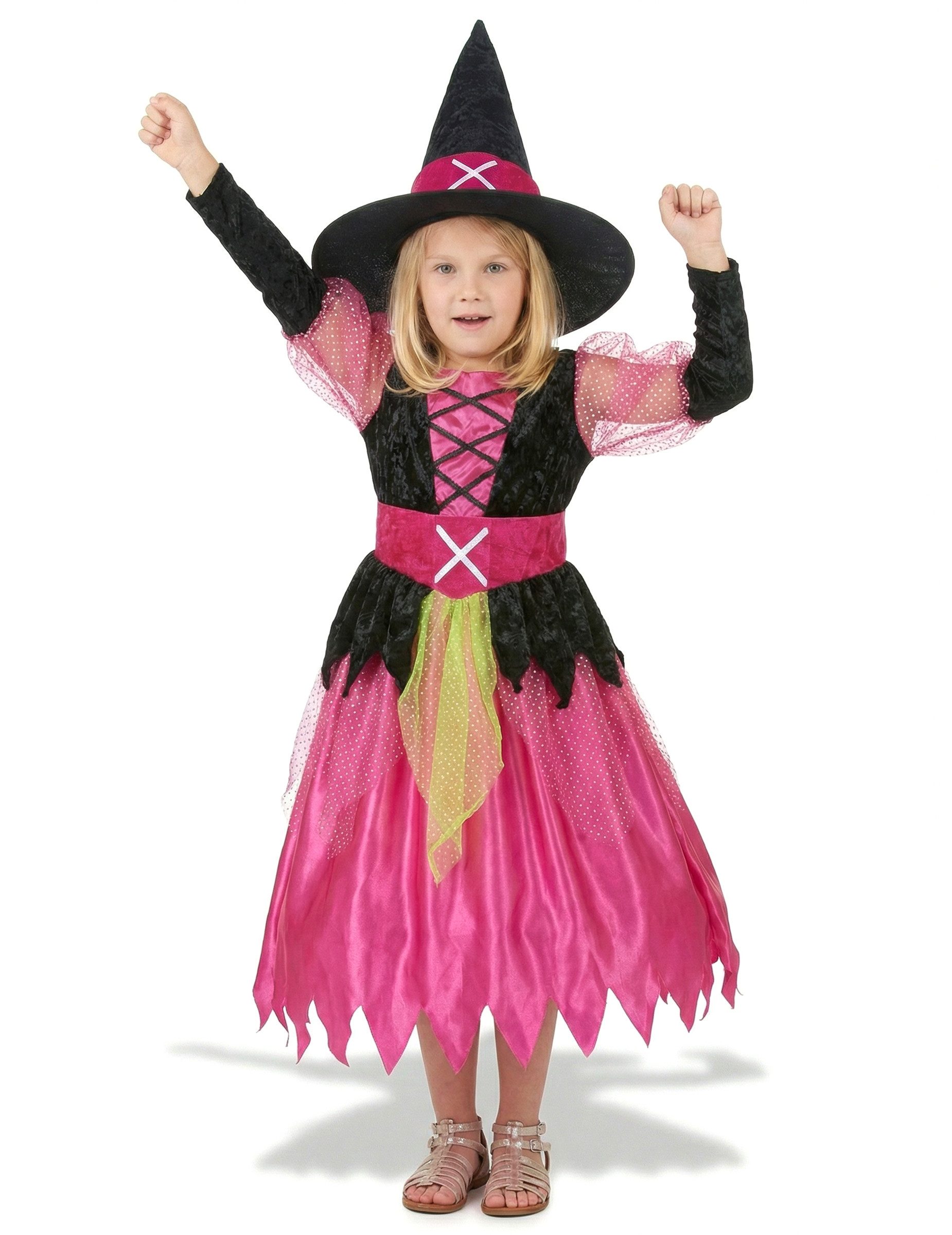 JADEO Kostüm kleine Hexe Mädchen Halloween-Kostüm pink-schwarz-grün