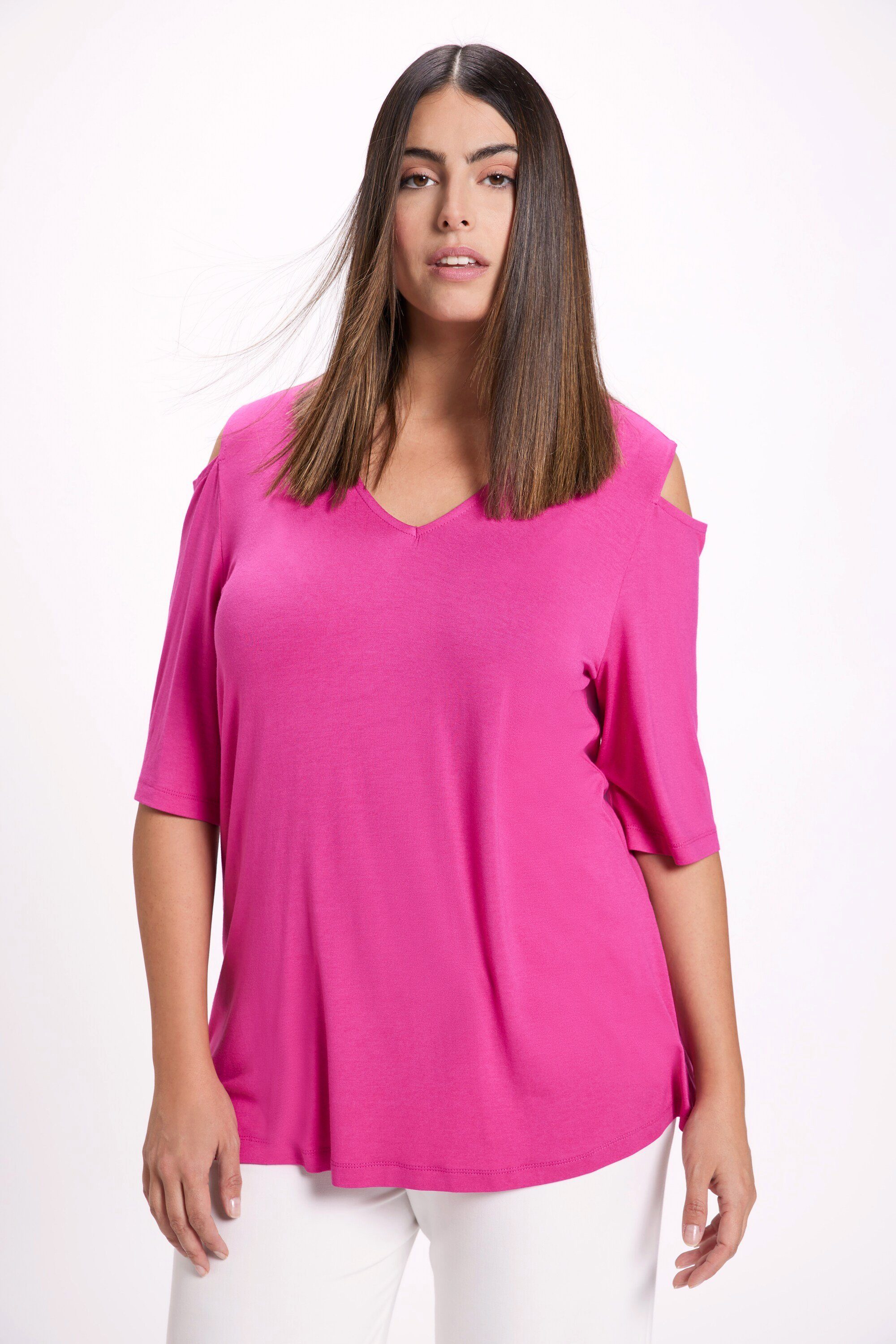 Ulla Popken Rundhalsshirt T-Shirt Schulterausschnitte V-Ausschnitt Halbarm pink