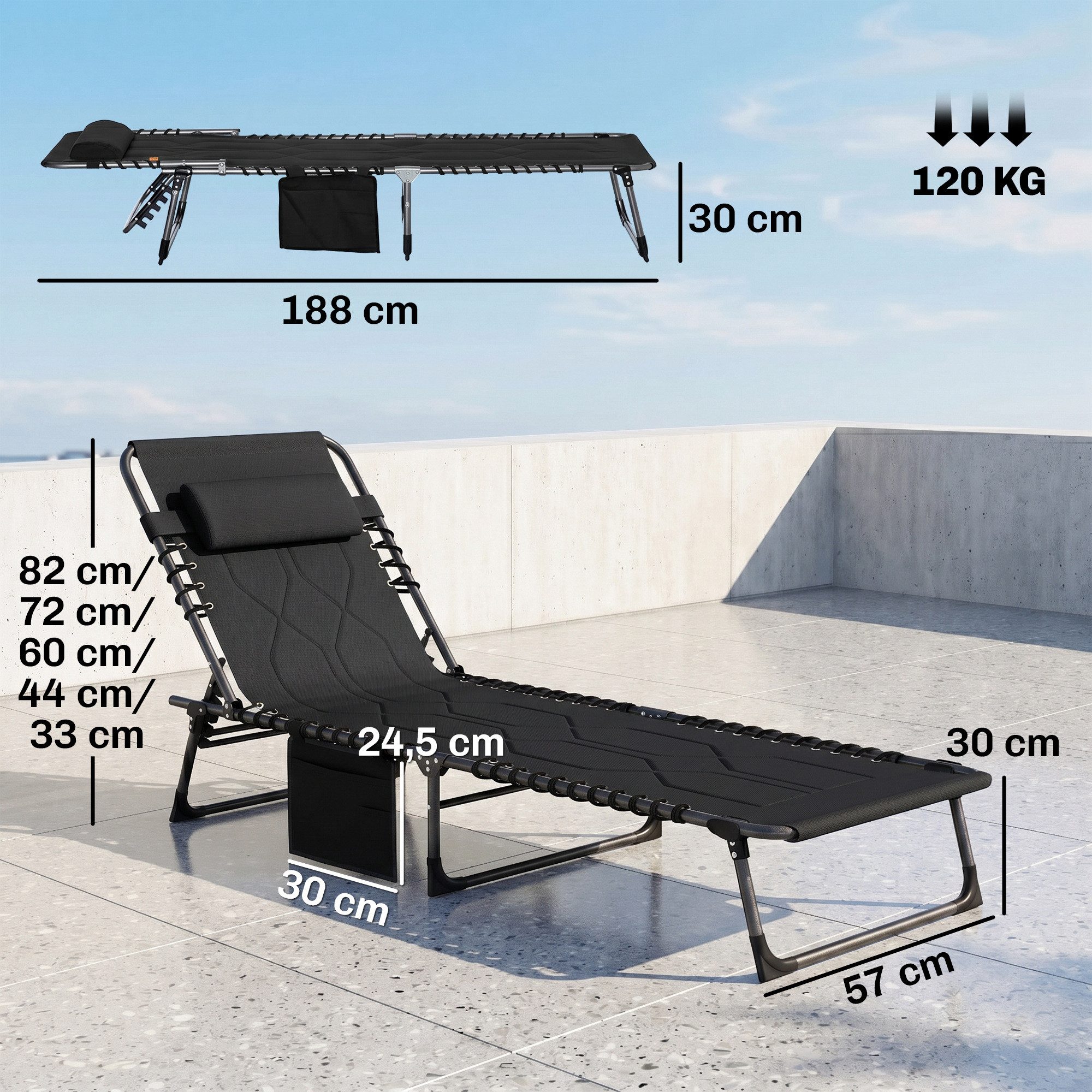 Outsunny Gartenliege Liegestuhl, wetterfeste Campingliege bis 130 kg belastbar, Sonnenliege, 1 St., Klappliege, Stahl Oxford-Stoff Schwarz 188 x 57 x 30 cm