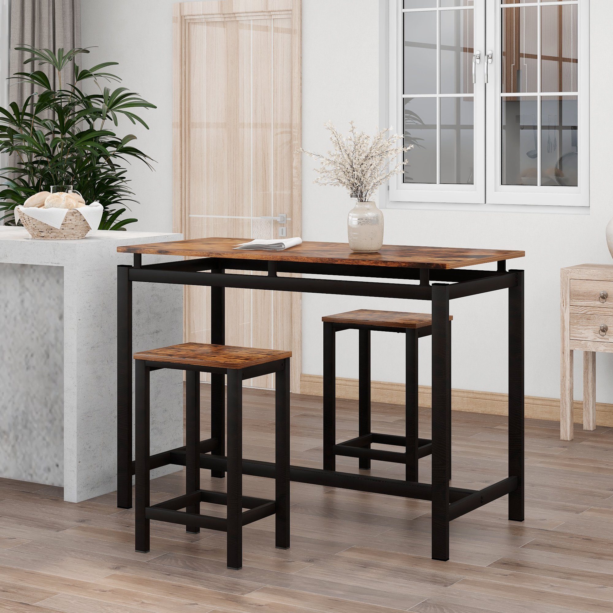 Bartisch (3-St), mit Hocker, Küchentisch Stehtisch Vintage, 100x40x90cm, 38x30x60cm