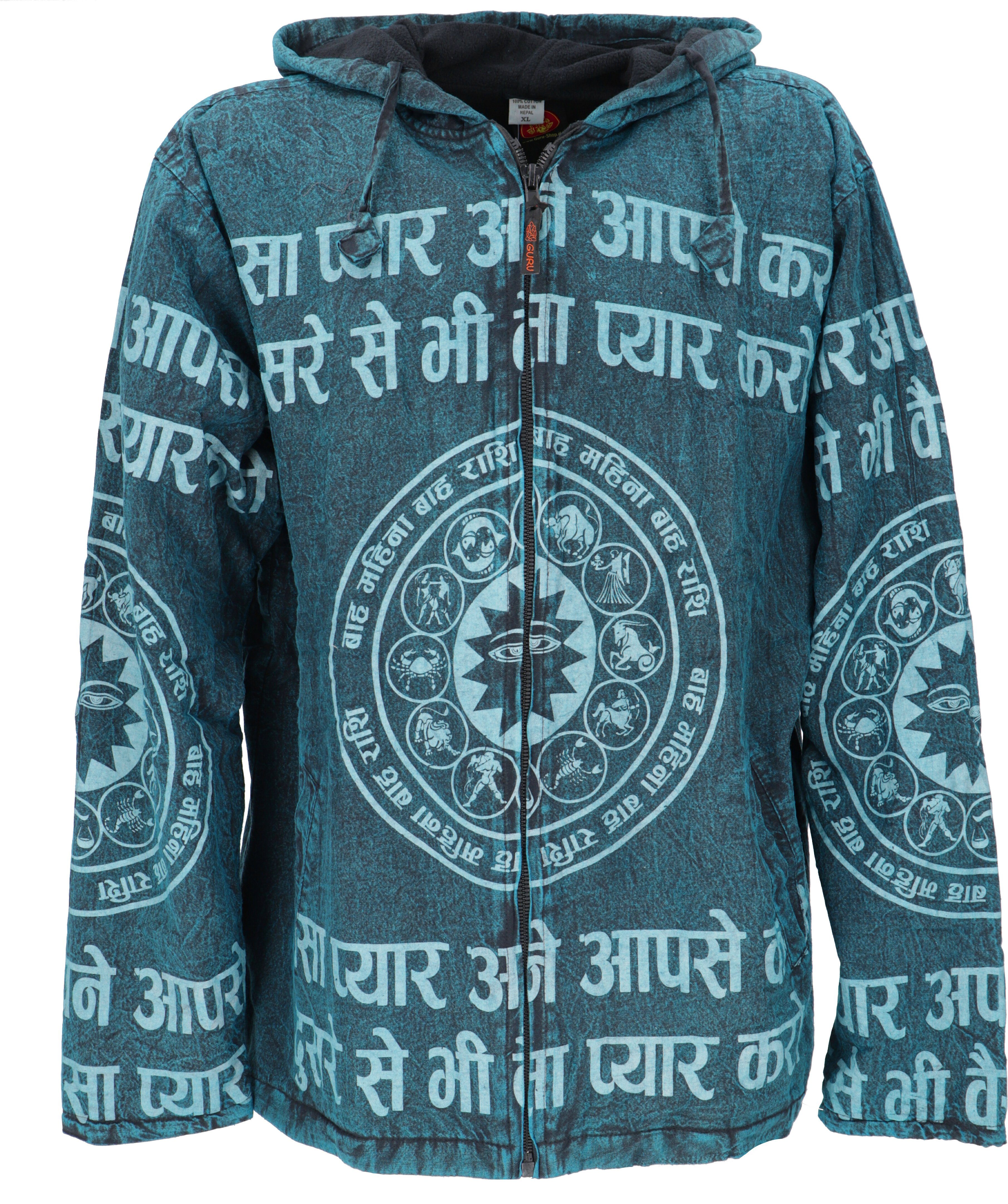 Guru-Shop Strickjacke Goa Jacke, Ethno Hoody mit Mantra Druck - petrol alternative Bekleidung