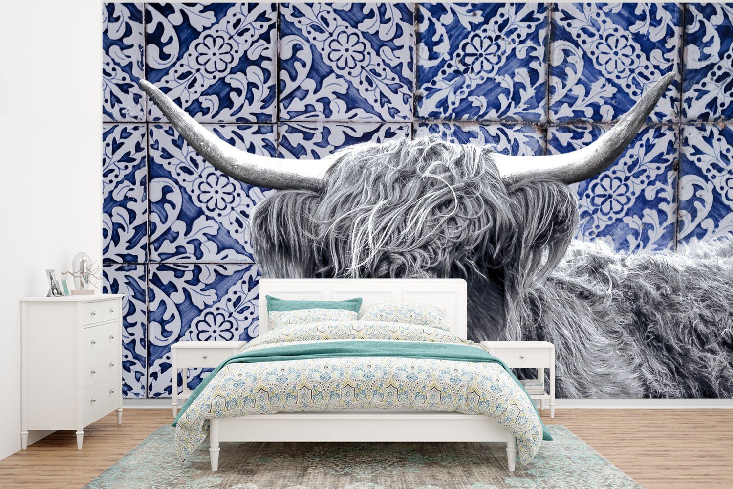 MuchoWow Fototapete Delfter Blau - Schottischer Highlander - Schwarz - Weiß, Matt, bedruckt, (6 St), Wallpaper für Wohnzimmer, Schlafzimmer, Kinderzimmer, Vinyl Tapete