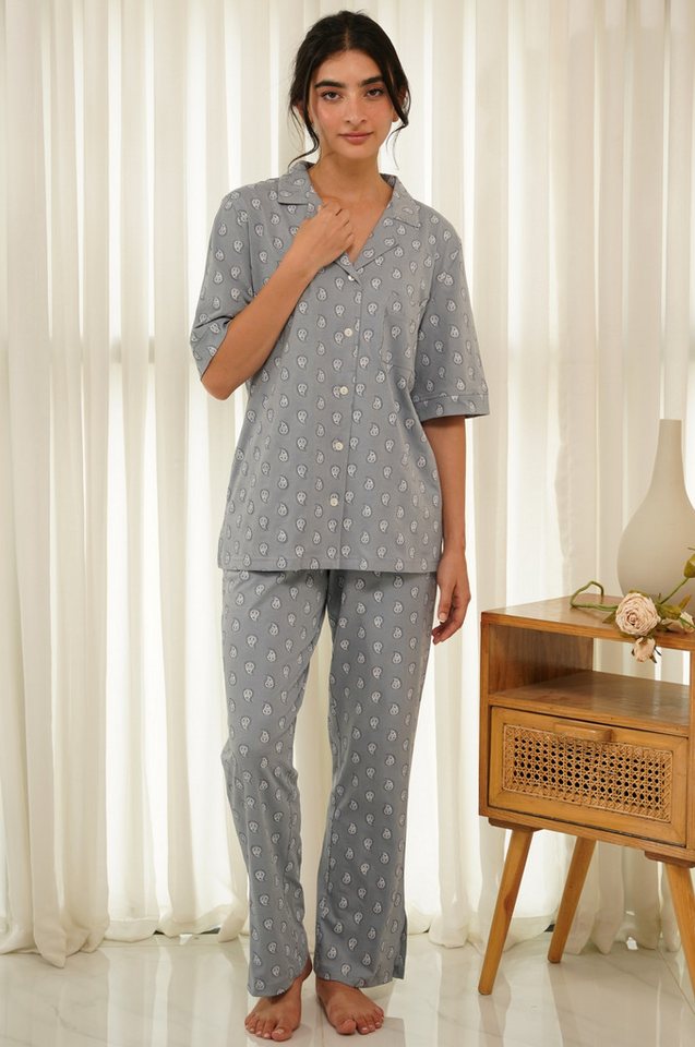 SNOOZE OFF Pyjama Damen Schlafanzug „Sky Paisley“ in Taubenblau mit Paisley-Muster Halbarm Hemd & lange Hose aus Baumwolle