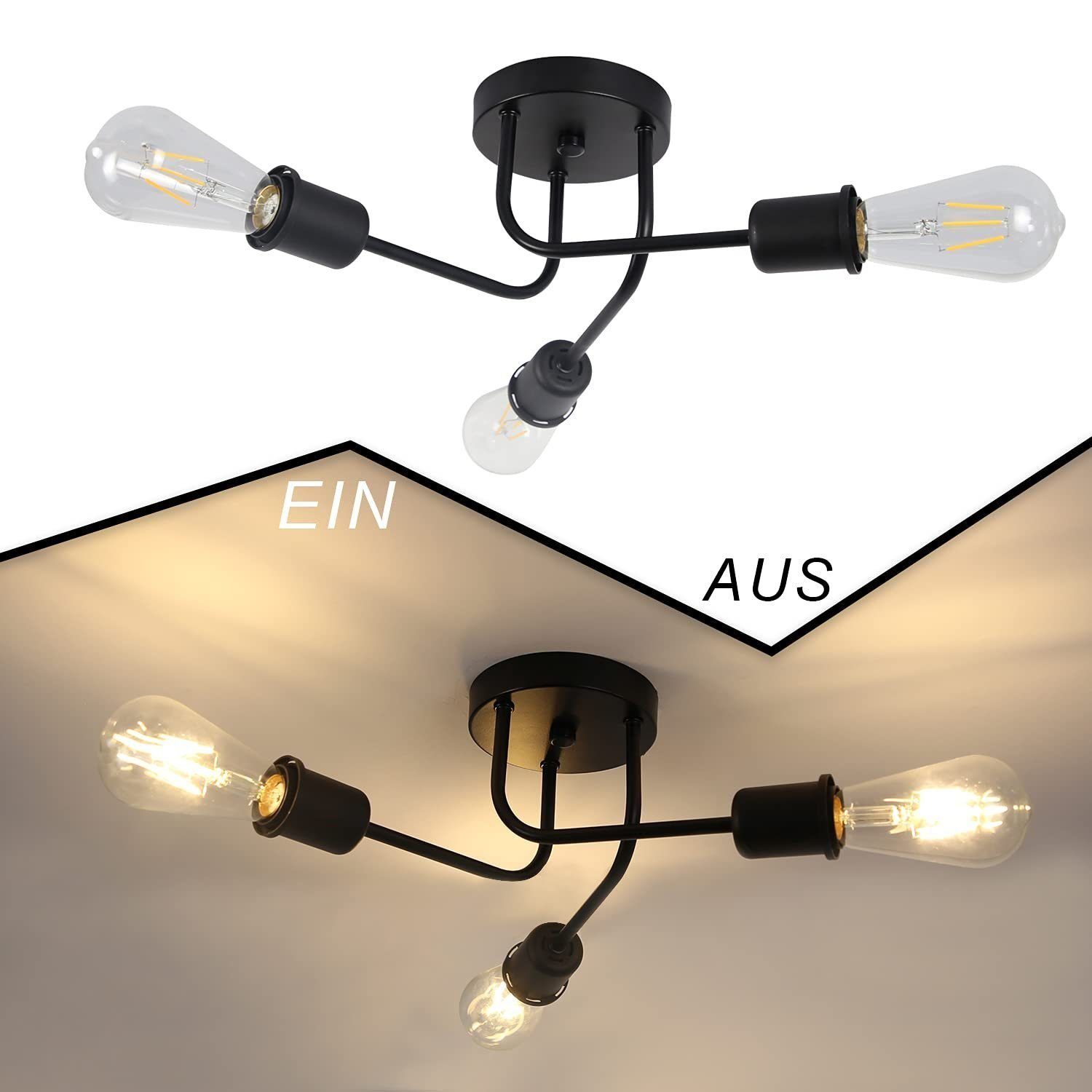 Nettlife Deckenleuchte Wohnzimmer E27 Vintage für Esszimmer LED Flammig Deckenlampe wechselbar, Schwarz 4 Schlafzimmer Stil, Rustikaler