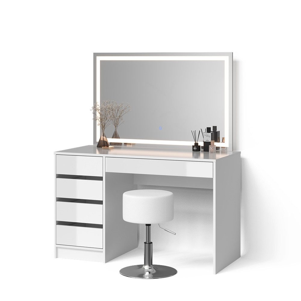 Livinity® Schminktisch Imola, Weiß, mit LED-Spiegel und Hocker