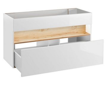 einfachgutemoebel Waschtisch-Set Badmöbel-Set Bahama 3-tlg 120cm, HS, weiß-hochglanz-wildeiche, (1-St., Unterschrank & Waschbecken mit Spiegelschrank, Hochschrank)