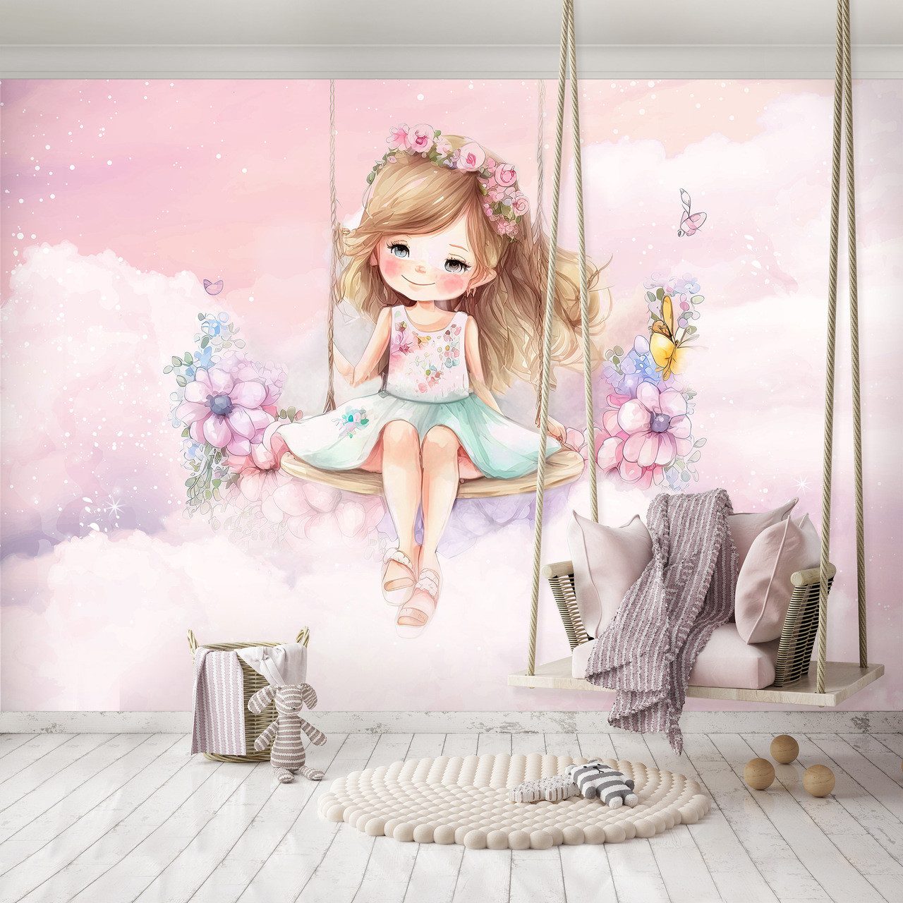 Wallarena Fototapete Kinderzimmer Mädchen auf einer Schaukel Baby Vlies Tapete Vliestapete, Glatt Vlies Struktur Vinyl, Kinder, Wolken, Rosa, Tapete inklusive Kleister Vliestapete Motivtapete