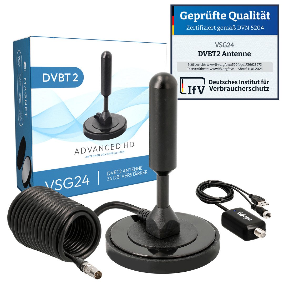 VSG24 DVBT2 HDTV Antenne ADVANCED HD mit 36Dbi Verstärker - Leistungsstarke Innenantenne (DVBT2 HD), 1021