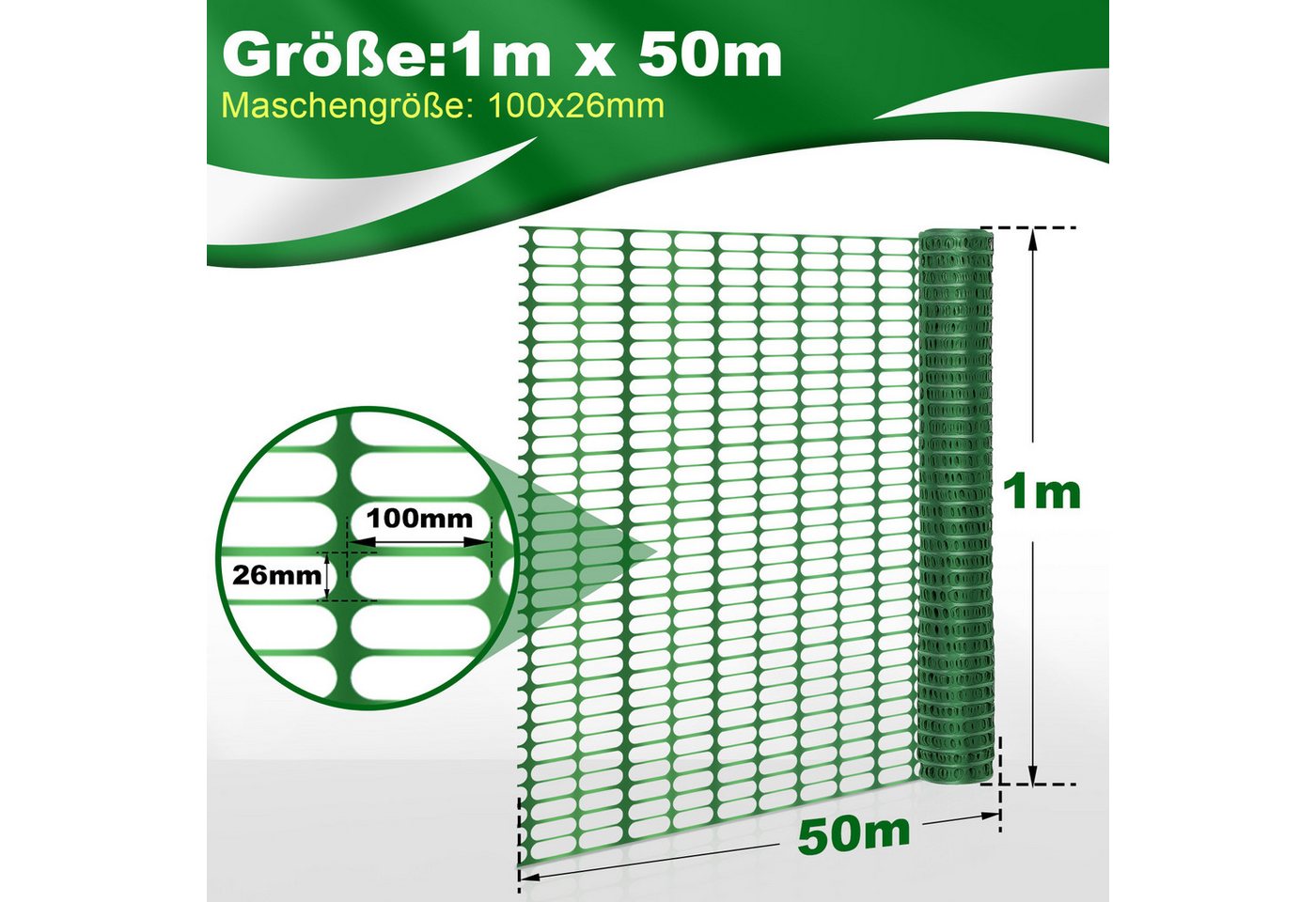 Thumbnail - Clanmacy Zaun Absperrzaun Hühnerzaun Bauzaun Warnzaun Schutznetz aus PE Kunststoff, (1x50m (HxL), 100x26mm Masche, 80g),...