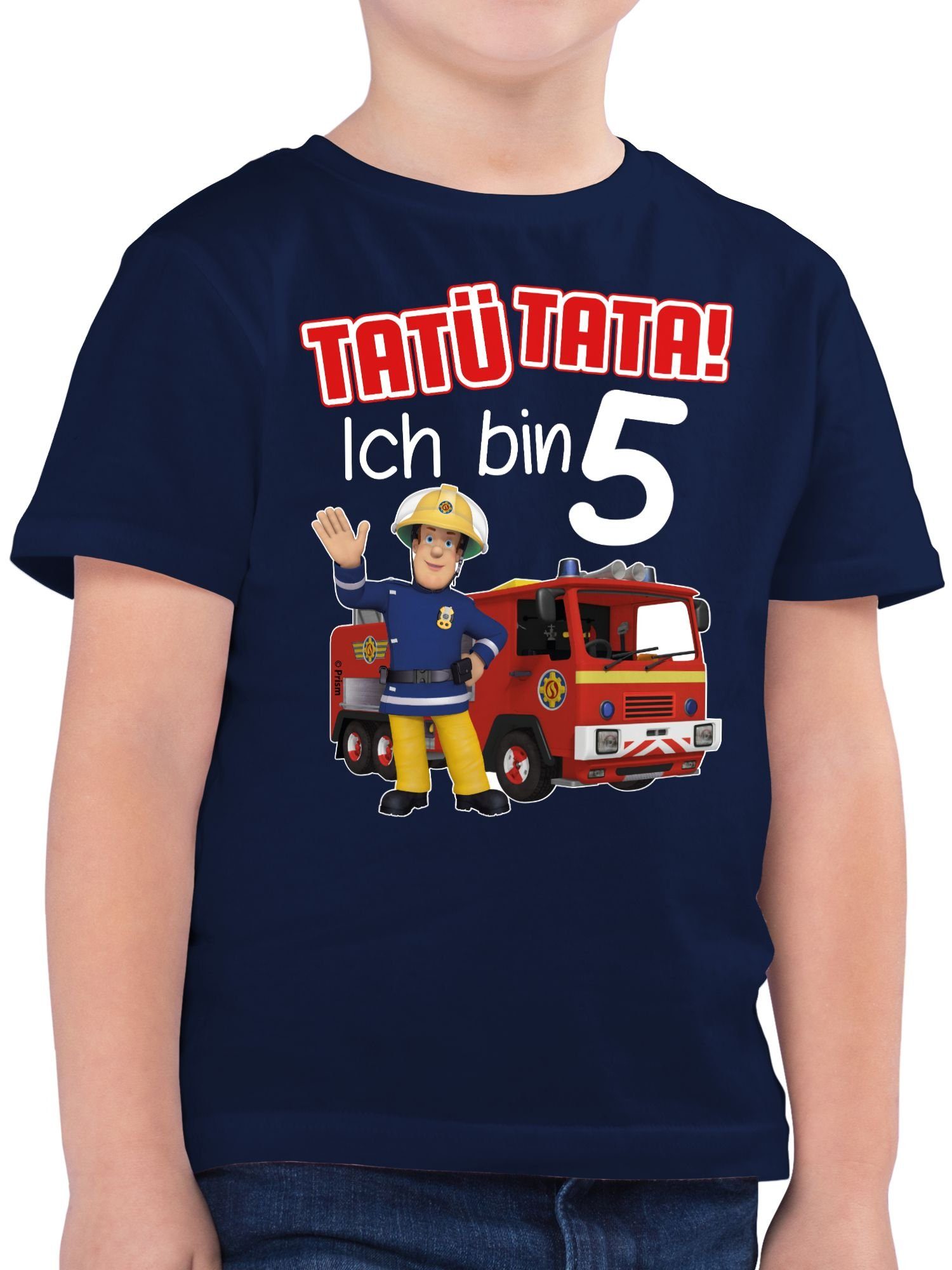 Shirtracer T-Shirt Tatü Tata! Ich bin 5 - rot Feuerwehrmann Sam Jungen 02 Dunkelblau