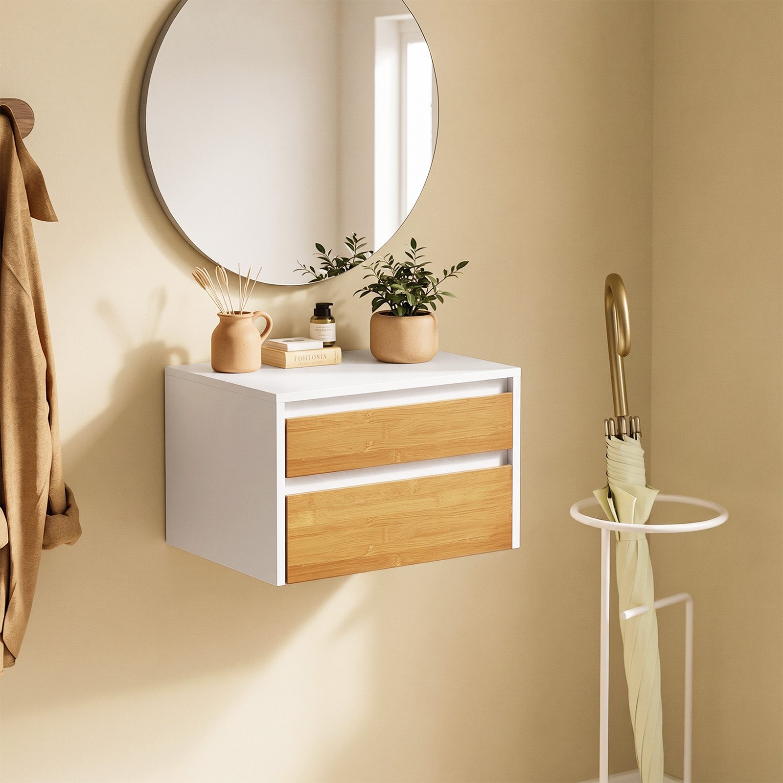 SoBuy Wandregal FBT175, Nachttisch Nachtschrank hängend, Wandschrank Bettablage, Wandschrank mit Bewegungssensor Licht, mit Schublade, Schlafzimmer
