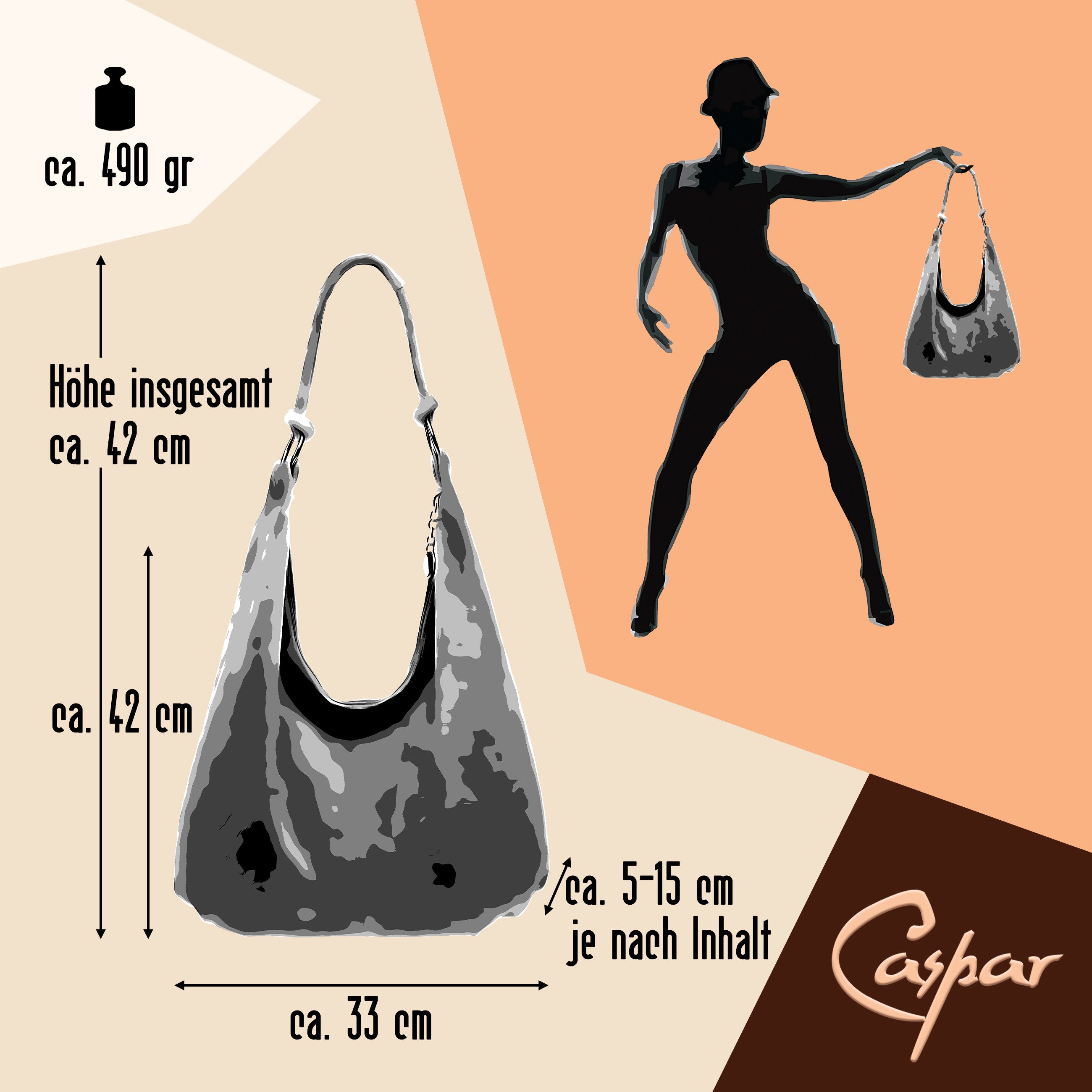 Caspar Schultertasche Damen Vintage Leder Tasche Hobo Bag - CLASSIC LINE - Modell No.617, 100% italienisches Veloursleder, samtig weich, angenehmer Tragekomfort – Bild 5 von 5