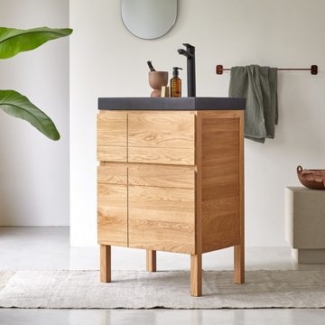 Tikamoon Waschtisch Easy Badezimmermöbel aus massiver Eiche und Lavastein 60 cm