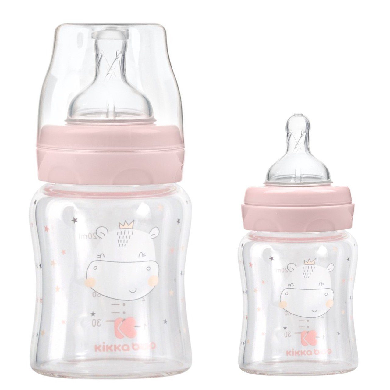 Kikkaboo Babyflasche Baby Glasflasche 120 ml, Weithalsöffnung, Silikonsauger Größe S, Deckel rosa