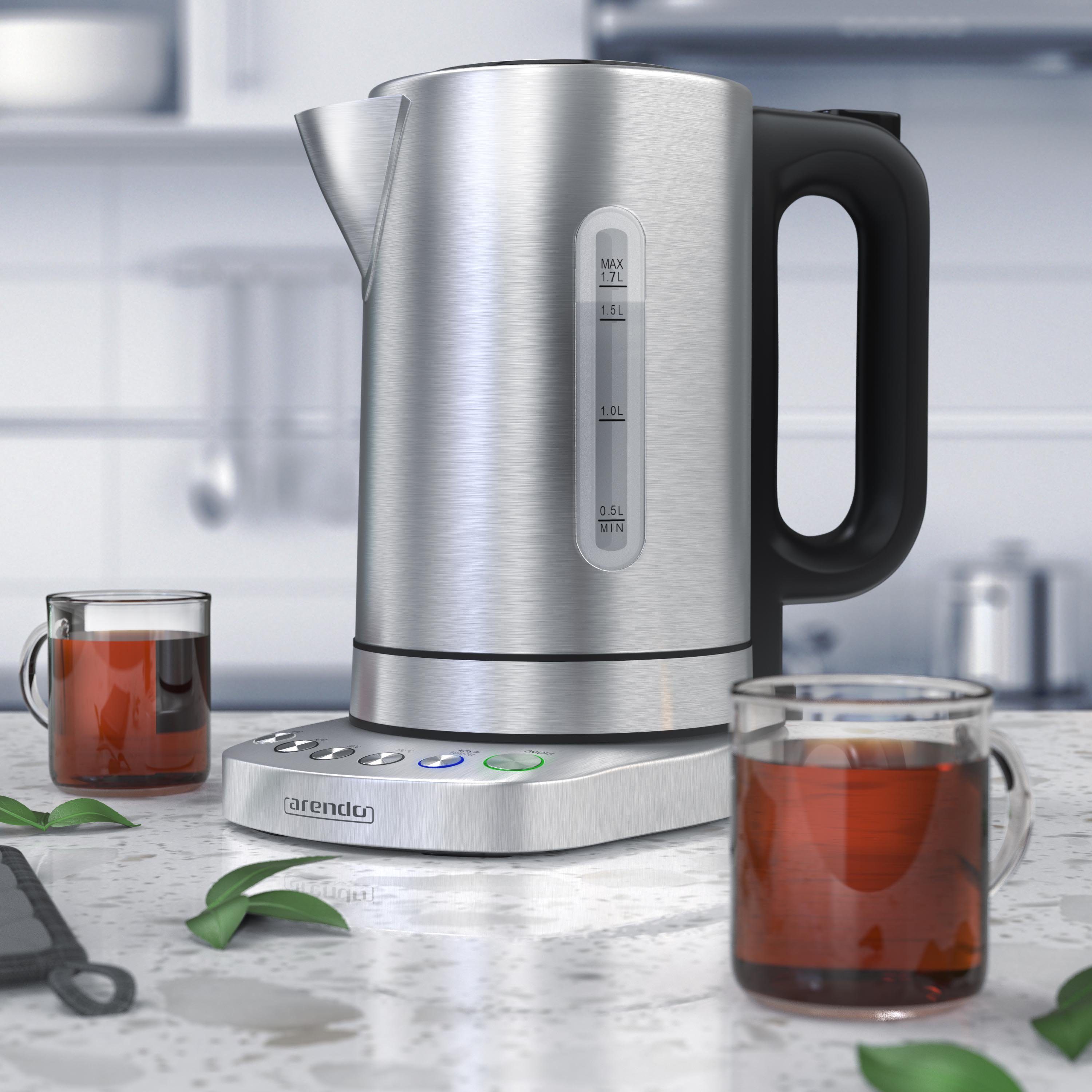 Arendo Wasserkocher aus Edelstahl, mit Temperatureinstellung, Warmhaltefunktion 30min, 1,7 l, 3000 W, einstellbare Temperatur 70° C - 100° C, Schnellkoch, Kalkfilter