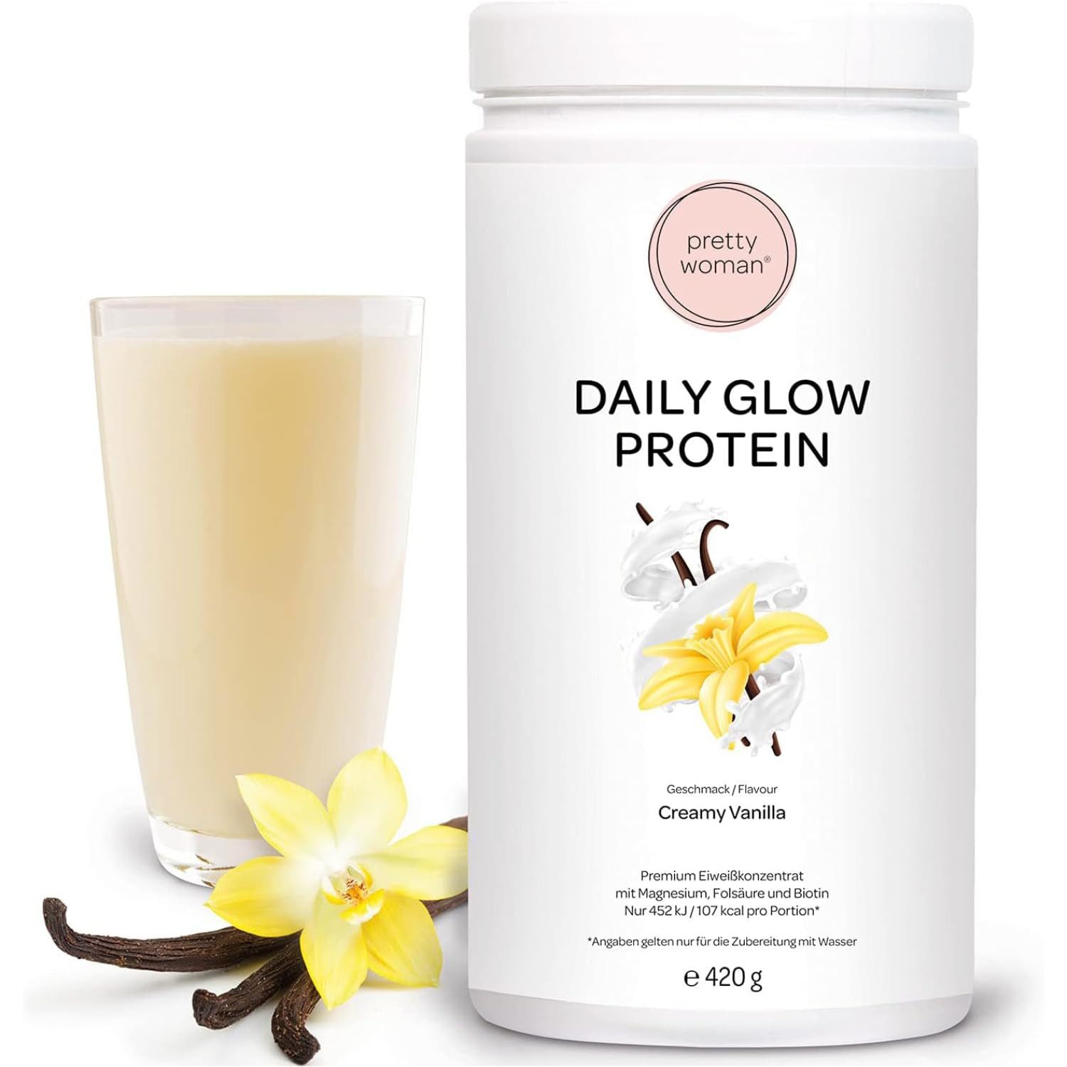 pretty woman Daily Glow Eiweiss Protein Pulver für Frauen, 420g Pulver, mit Vitaminen & Mineralien, Biotin & Folsäure