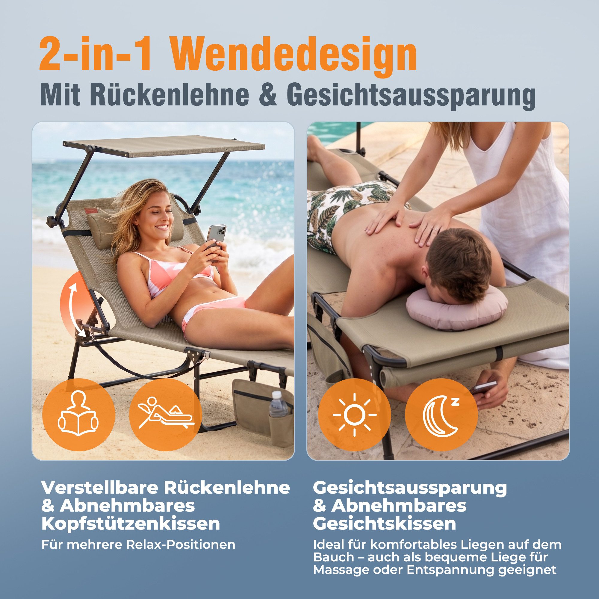 HOMECALL Gartenliege Sonnenliege mit Gesichtsöffnung und Sonnendach, klappbarer Liegestuhl, bis180 kg 200x70cm 4-Fach verstellbare Rückenlehne, 1 St., für Garte – Bild 2 von 5