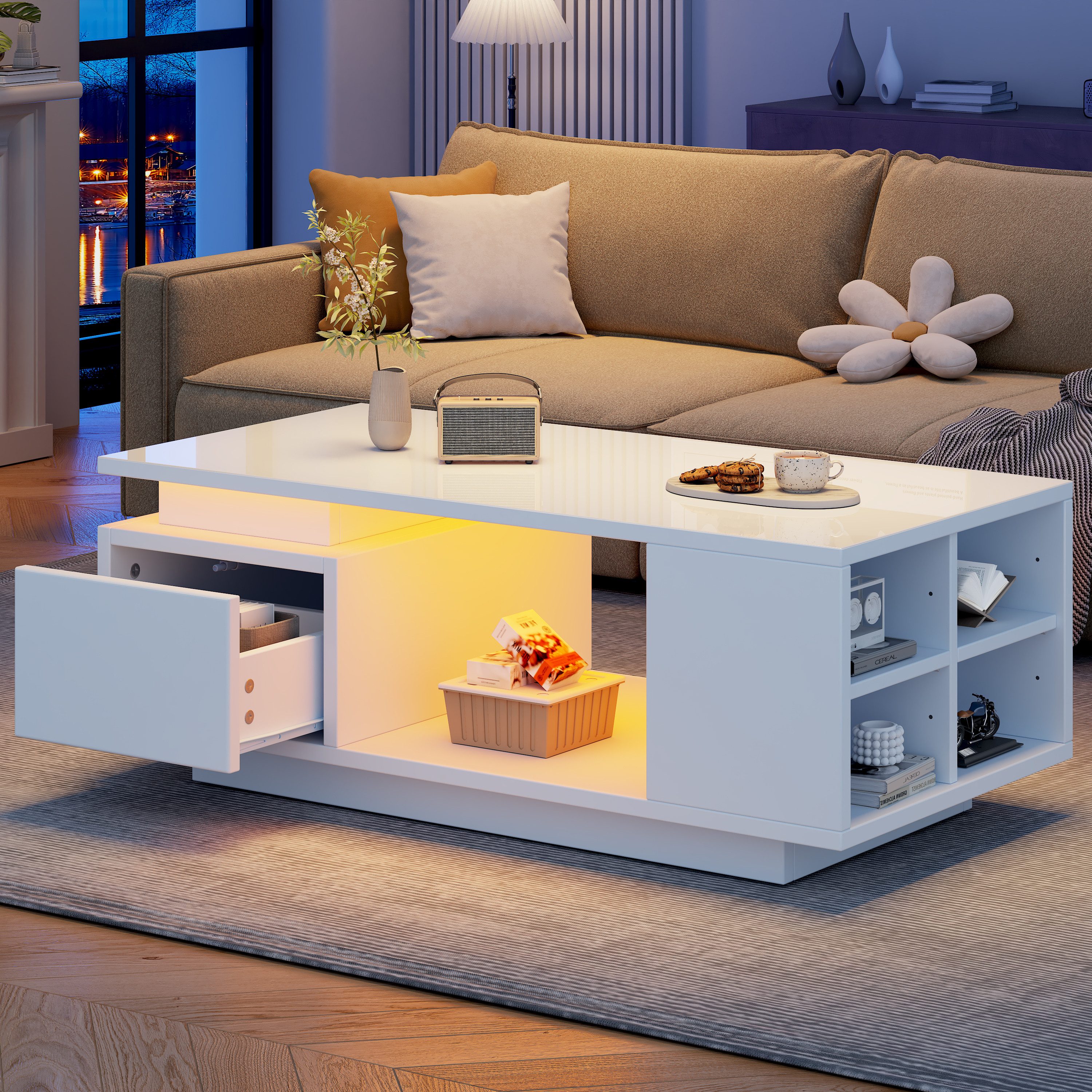 Merax Couchtisch hochglanz Sofatisch Beistelltisch mit LED-Beleuchtung (1-St), Wohnzimmertisch mit Schublade & seitlichem Stauraum, 100x50x36cm