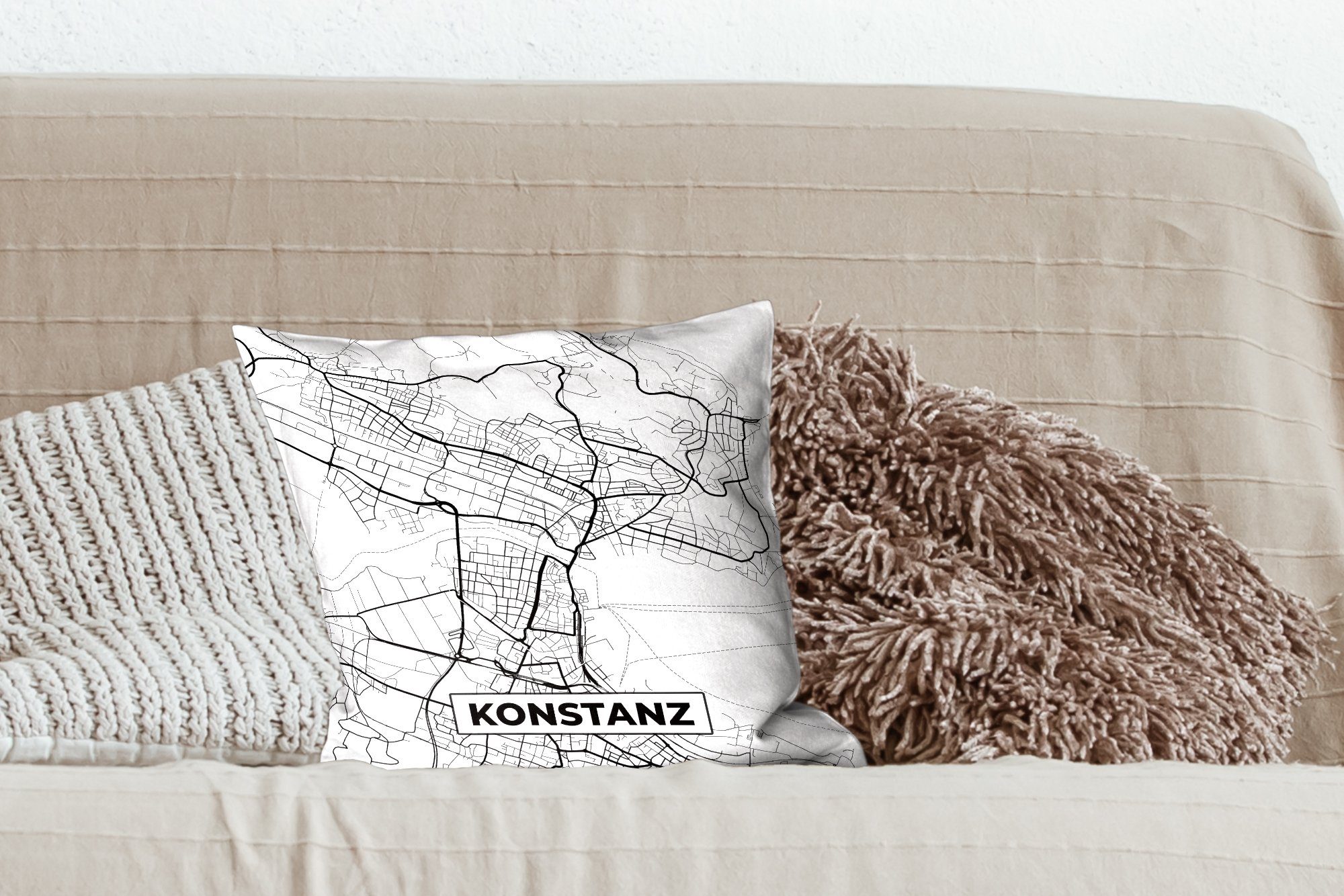 Dekokissen Karte Stadtplan, Füllung - Deko, Zierkissen Sofakissen MuchoWow mit - Schlafzimmer, Wohzimmer, für Konstanz
