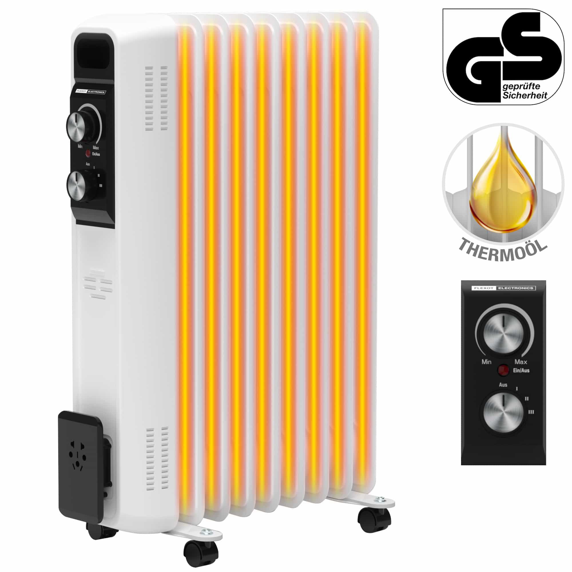 Flexot Ölradiator Flexot® F-2046 Ölradiatoren von 1500 Watt bis 2600 Watt, 2000 W, GS-Siegel, Thermoöl, Thermostat, Rollen, Überhitzungsschutz