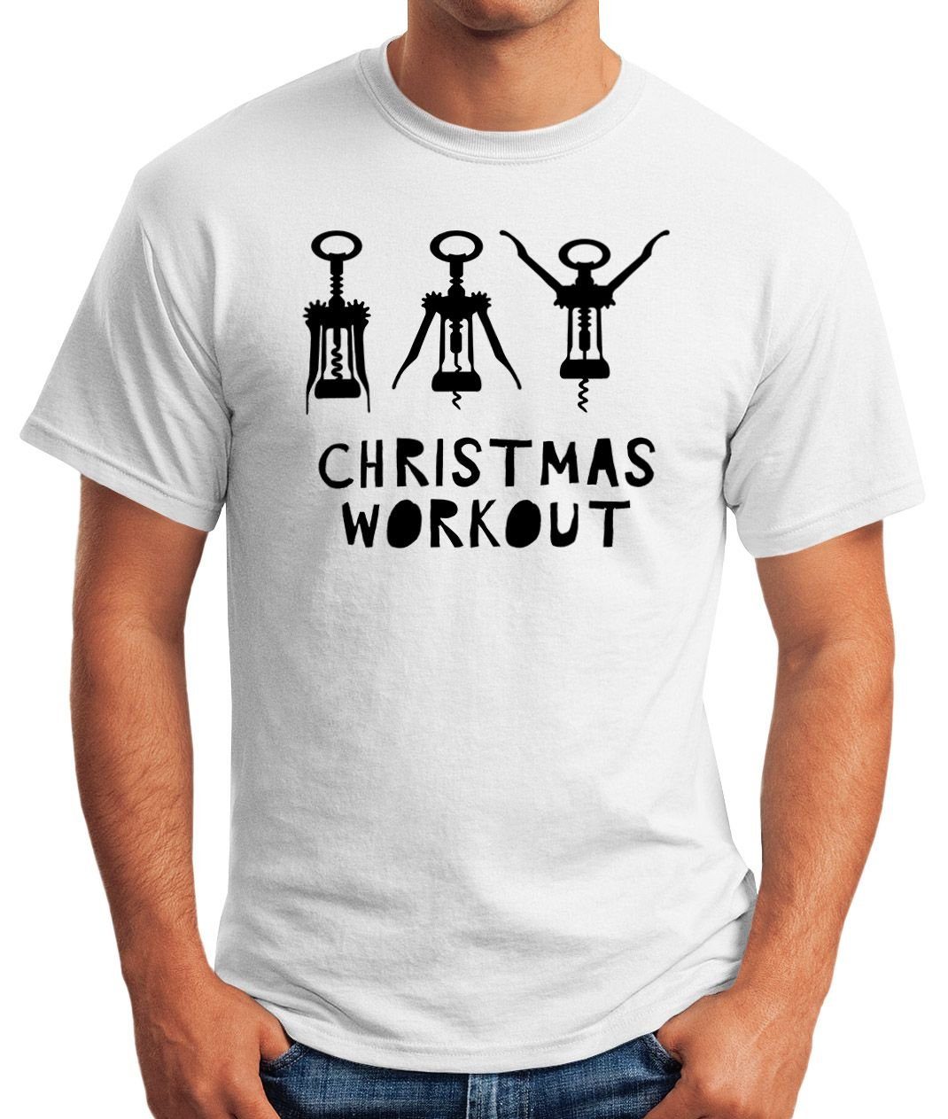 Herren Flaschenöffner Wein Weihnachten mit T-Shirt Fun-Shirt weiß Christmas trinken Korkenzieher Moonworks® Print MoonWorks lustig Print-Shirt Workout