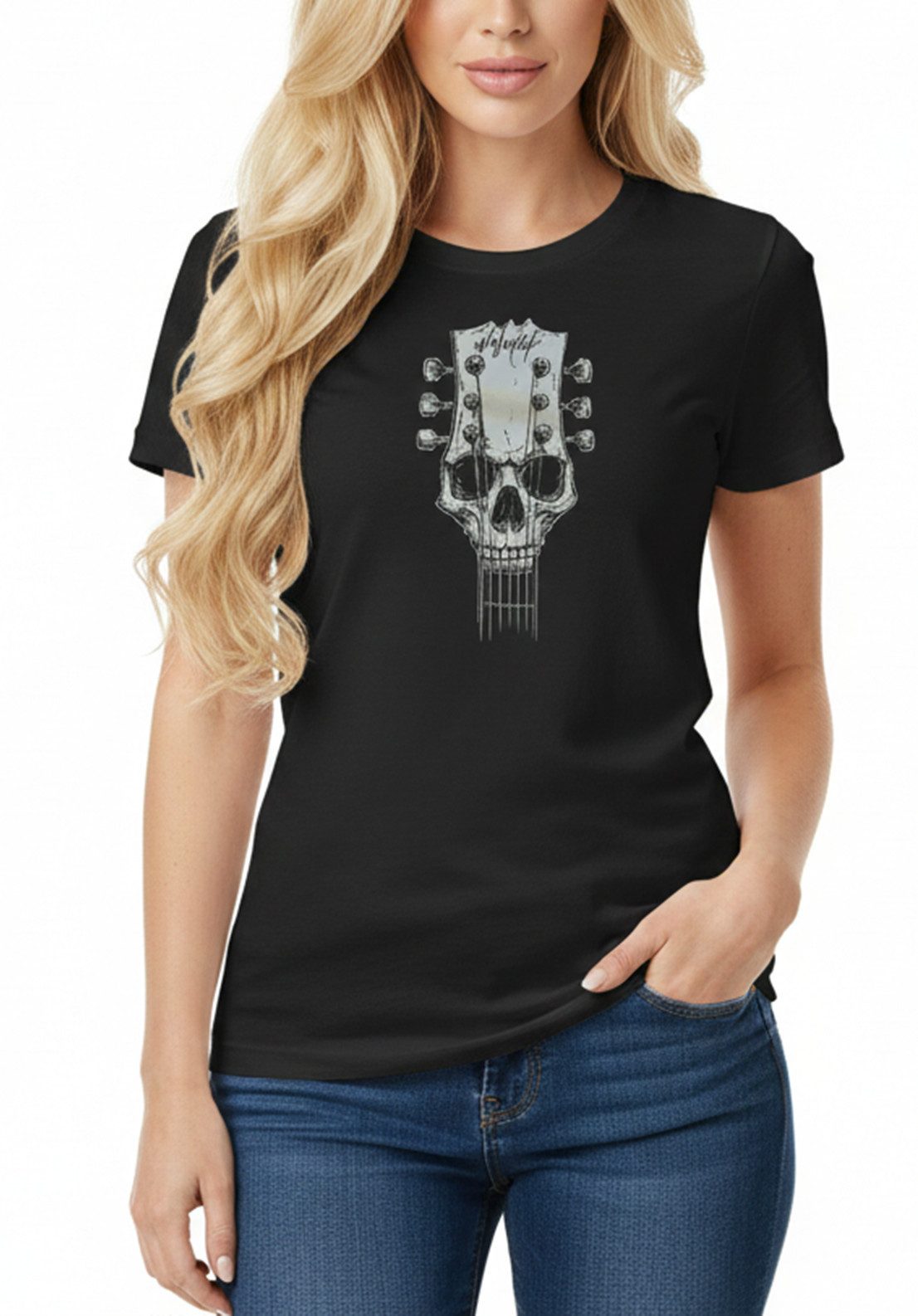 MAKAYA Print-Shirt Schwarzes Damen Top mit Skull & Gitarre – Geschenk für Musikfans (Schwarz, S, M, L, XL) Baumwolle