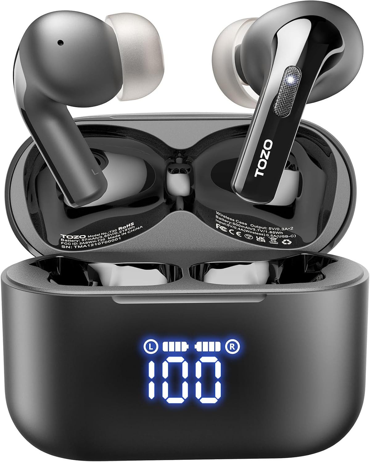 TOZO Bluetooth 5.3 Kopfhörer mit ENC & 48h Akkulaufzeit In-Ear-Kopfhörer (Mit bis zu 48,5 Stunden Akkulaufzeit sind diese kabellosen Ohrhörer perfekt für lange Reisen und den täglichen Gebrauch geeignet., Wasserdichte Sport Earbuds mit LED Display und App Steuerung)