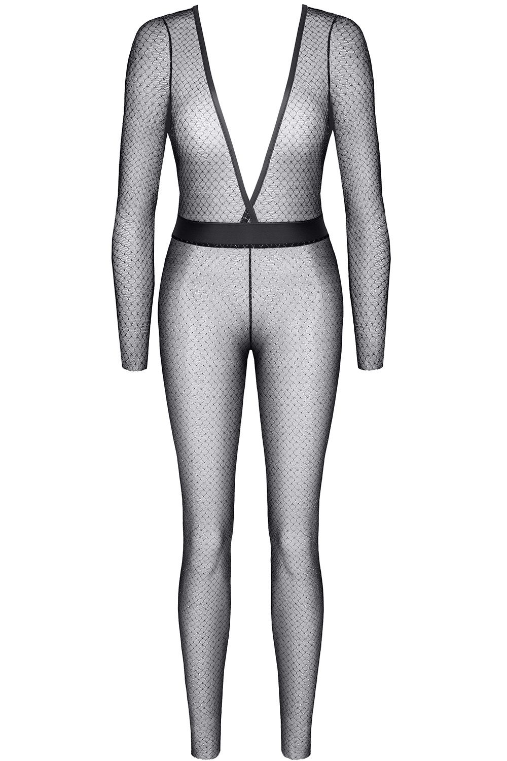 Demoniq Overall Schwarz/silbernes Damen Dessous Jumpsuit transparent langarm aus Netzs