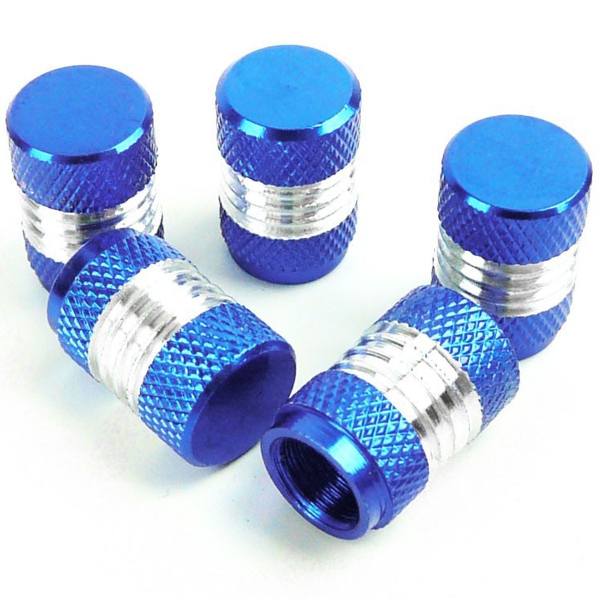 All Ride Ventilkappe Ventilkappen rund aus Aluminium blau / silber 5 Stk. mit Riffelung, (5-St), Standard-Gewinde