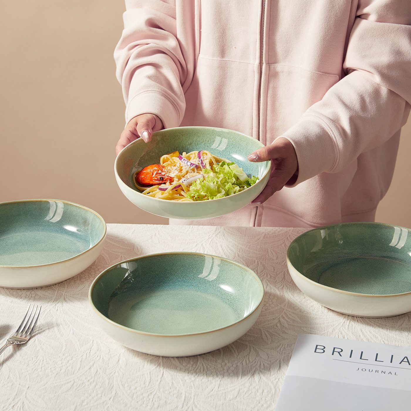 JIWOO Suppenteller 4er Ø21,9cm, Speiseteller Pastateller Salatteller Dessertteller Plate, (4 St), Keramik Hochwertiges Tellerset Grün Mikrowellenofen Spülmaschine