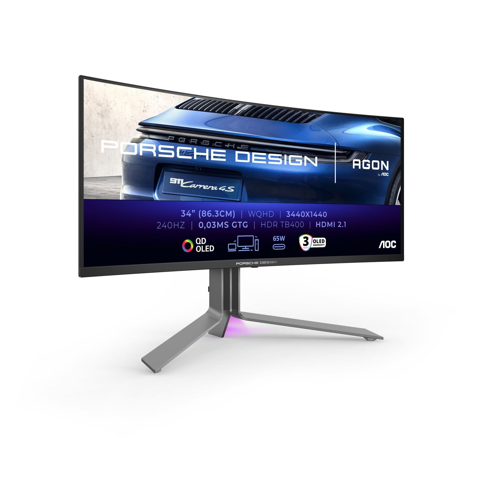 AOC AGON PRO PD34 Porsche Design - Porsche Design - OLED - Gaming - geboge TFT-Monitor (3440 x 1440 px, Wide Quad HD, 0,03 ms Reaktionszeit, 240 Hz, OLED, Curved, Lautsprecher, HDR, Höhenverstellbar)