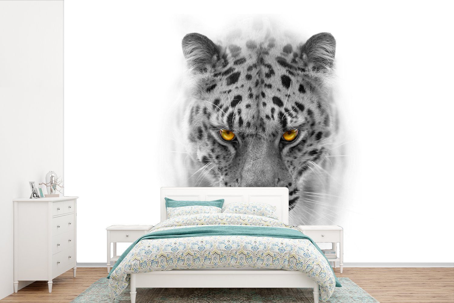MuchoWow Fototapete Leopard - Schwarz - Weiß - Kopf, Matt, bedruckt, (6 St), Wallpaper für Wohnzimmer, Schlafzimmer, Kinderzimmer, Vinyl Tapete