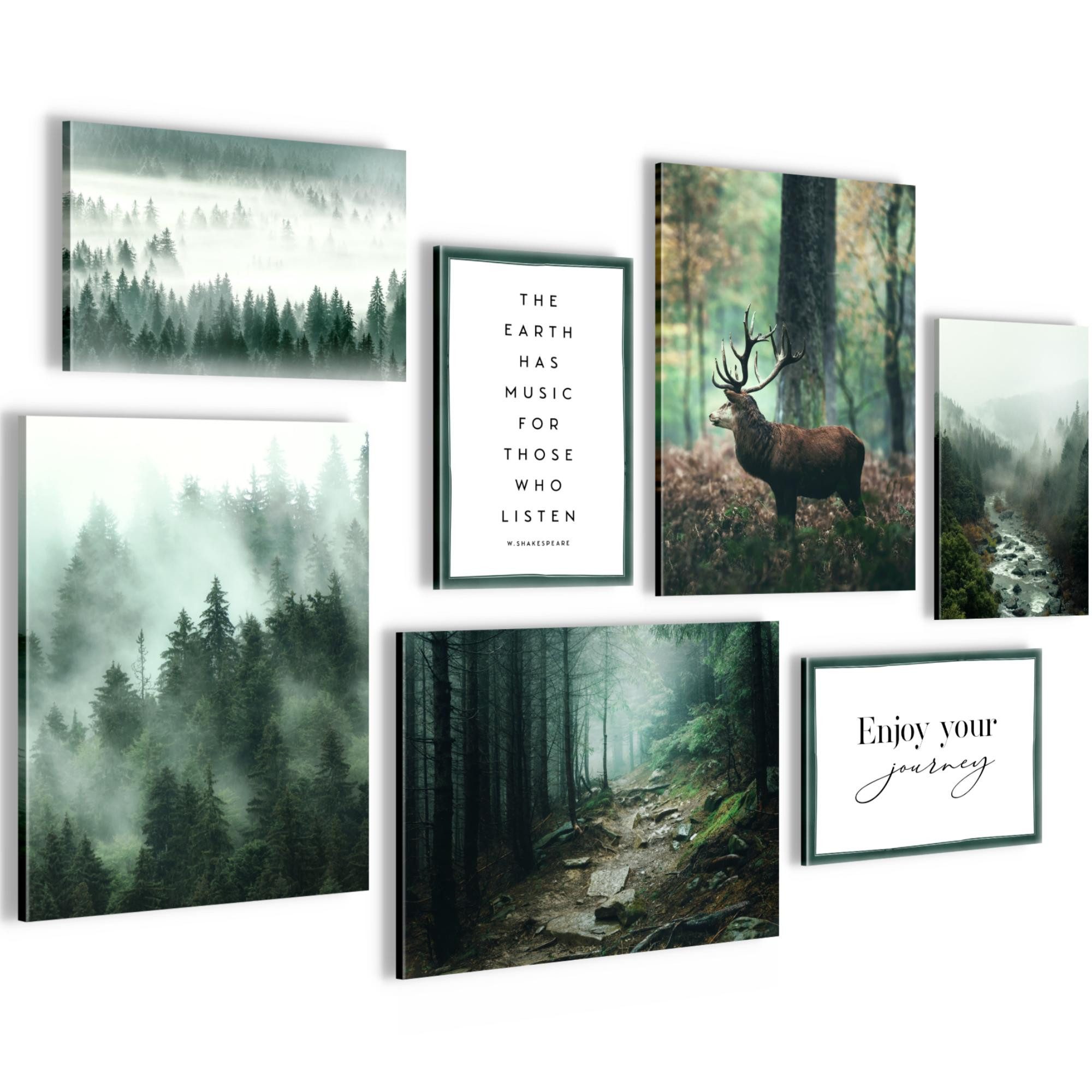 Novart Wandbild Wald Hirsch KOMPLETT AUFHÄNGFERTIG Natur Grün Wohnzimmer Schlafzimmer, Hirsch (7 St)