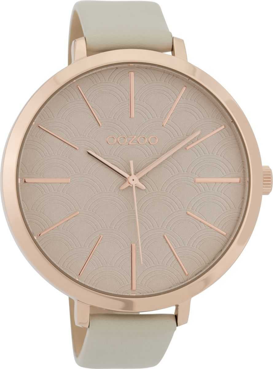 OOZOO Quarzuhr XXL Damenuhr C9676, rosefarbenes Gehäuse, hellgraues Lederband, 48 mm, modernes und zeitloses Design