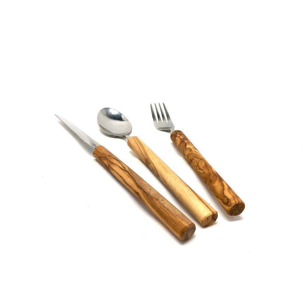 Olivenholz-erleben Besteck-Set Essbesteck Edelstahl mit Griff aus Olivenholz (3er Set) (1-tlg), 1 Personen, Olivenholz und Edelstahl, Stilvolles Besteck-Set mit Olivenholzgriffen – ideal zum Verschenken