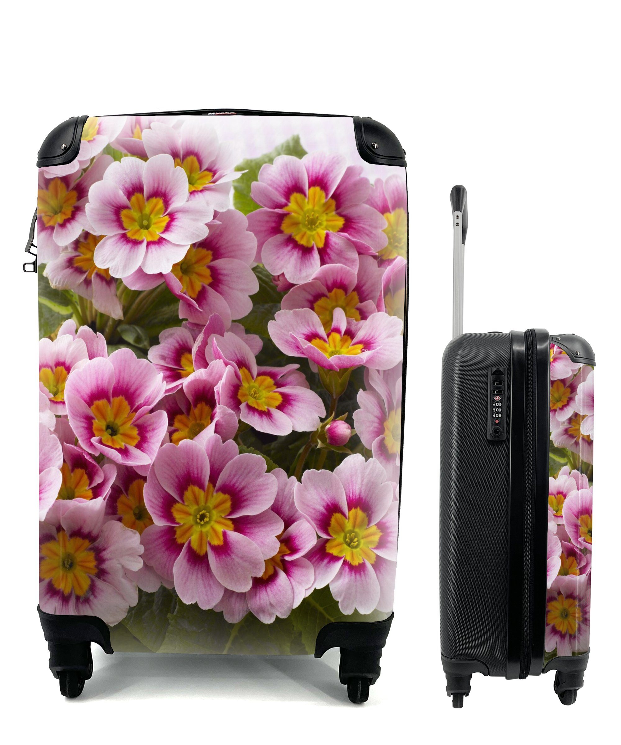 MuchoWow Handgepäckkoffer Blumenstrauß mit rosa Schlüsselblumen, 4 Rollen, Reisetasche mit rollen, Handgepäck für Ferien, Trolley, Reisekoffer