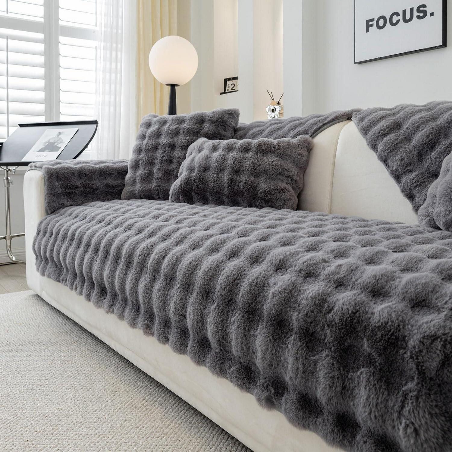 Überwurf Sofa überzug Kunstpelz Dunkelgrau 70x70cm, LuxusKollektion