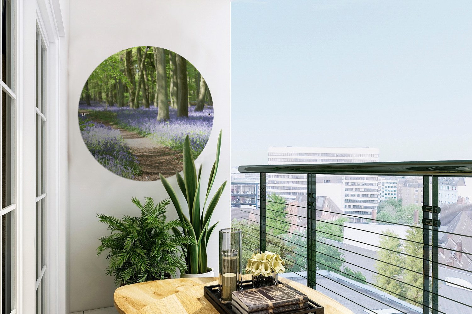 OnlyWow Poster für Garten Wald - Weg - Blumen - Lila - Grün - Natur, Gartenposter, Outdoor Bilder, Wetterfest, Garten Deko, 60x60 cm