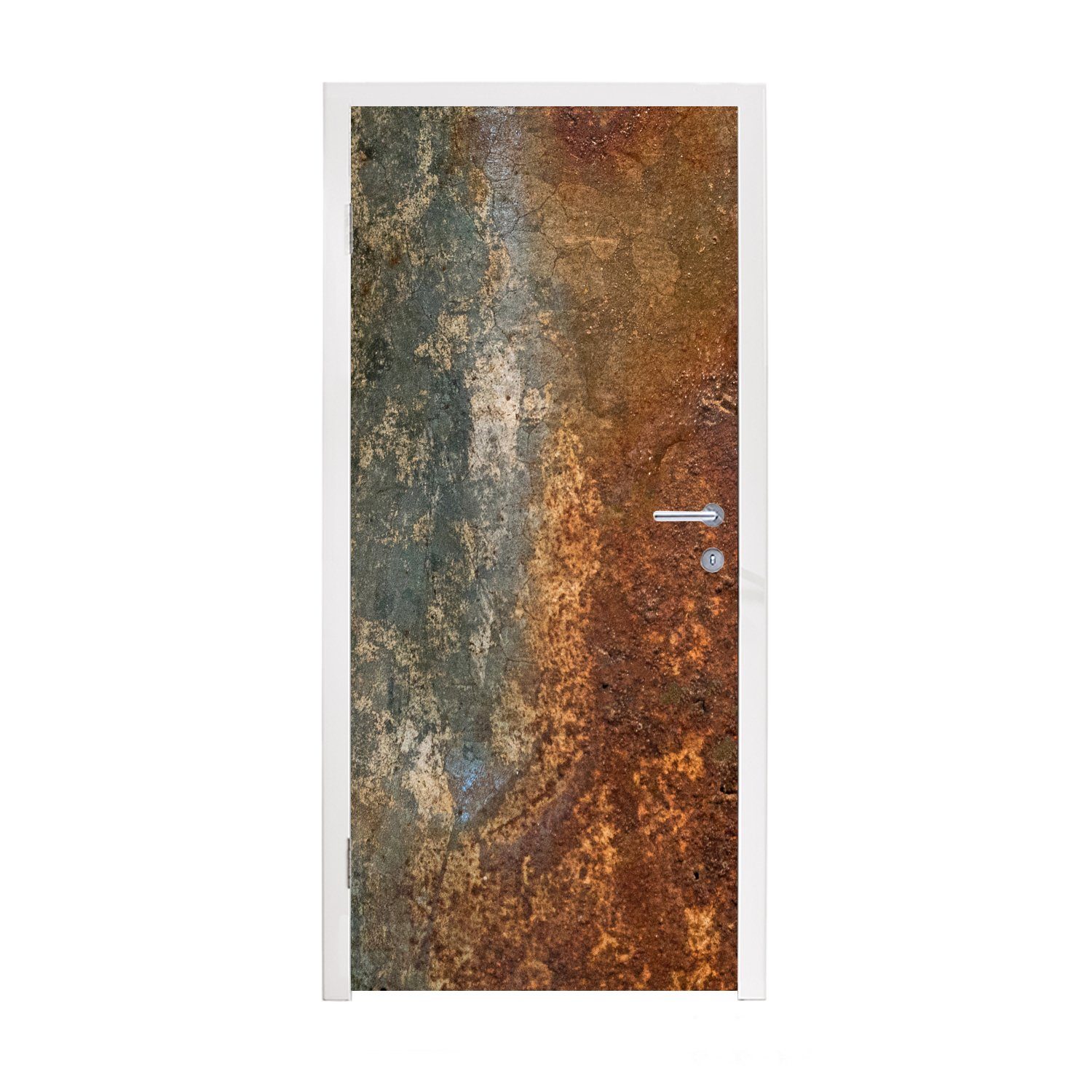 MuchoWow Türtapete Stahl - Rost - Alt - Orange - Grau - Muster - Abstrakt, Matt, bedruckt, (1 St), Selbstklebende Tapete, Folie für Möbel, 75x205 cm