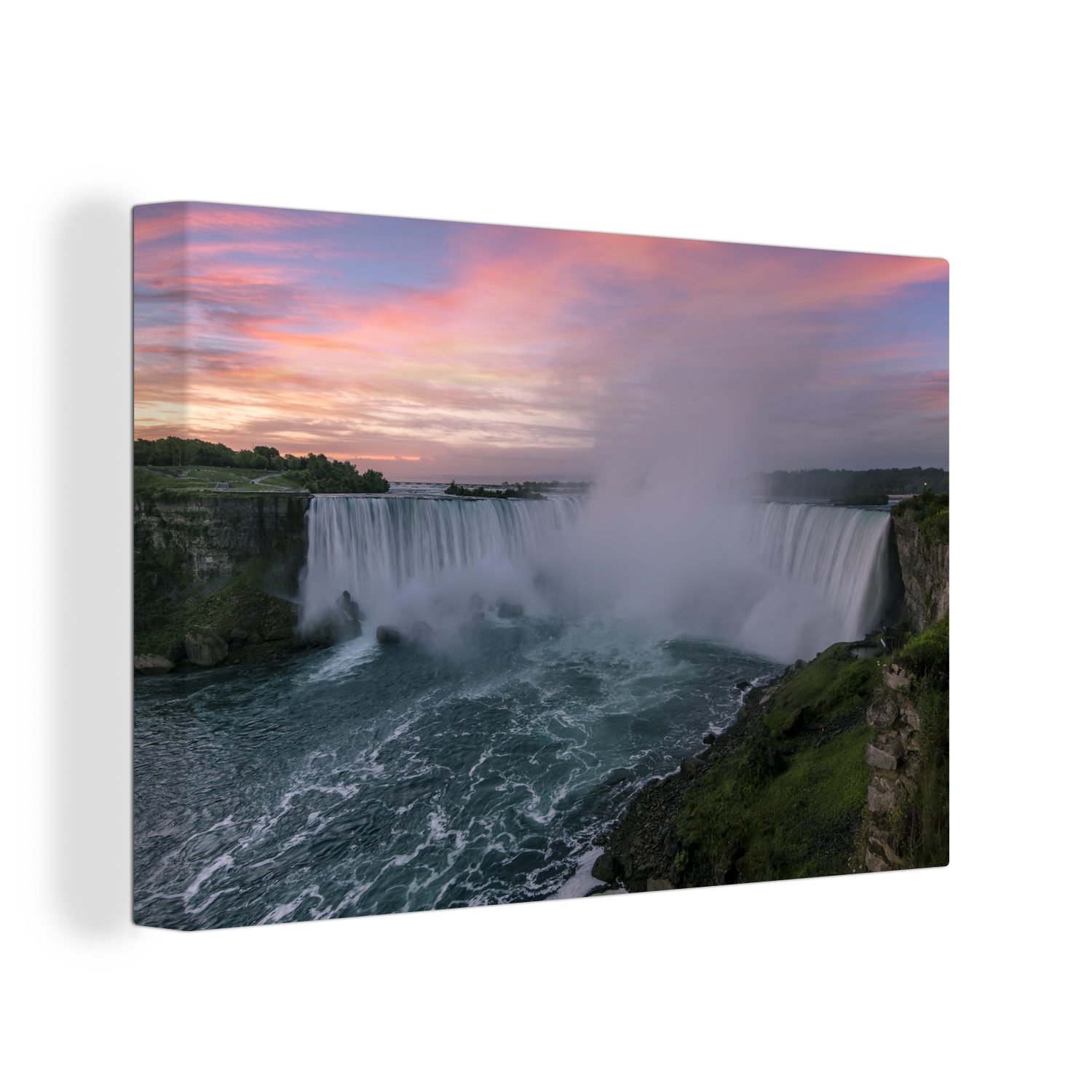 Ein neues Produkt ist eingetroffen OneMillionCanvasses® Leinwandbild Rosa, (1 - 30x20 Aufhängefertig, Leinwandbilder, St), Wandbild Sonnenuntergang cm Wasserfall - Wanddeko