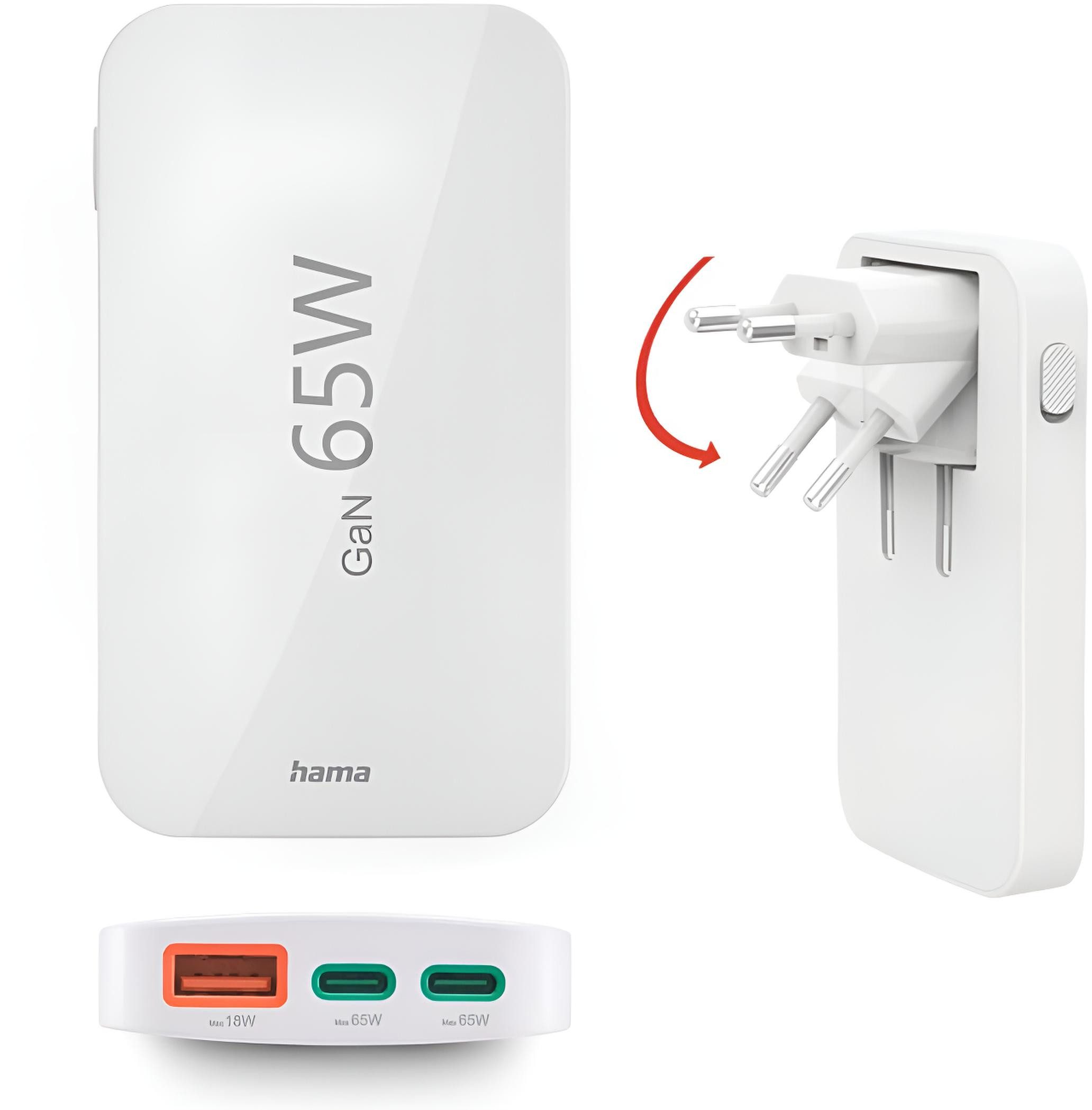 Hama Schnellladegerät mehrfach (GaN, 2x USB-C, 1x USB-A, flach, PD/QC, 65W) Schnelllade-Gerät