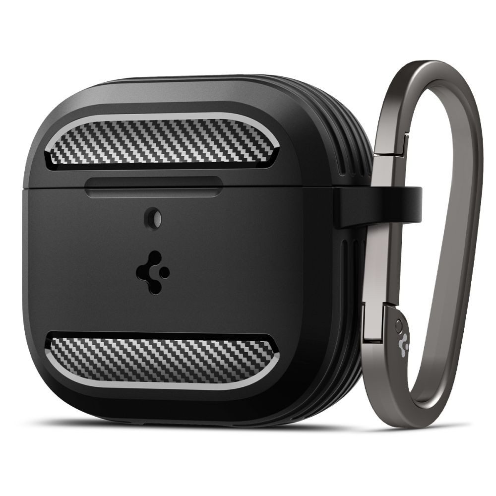 Spigen Kopfhörer-Schutzhülle Ohrhörerhülle Ladeschalenschutz Karabinerhülle, TPU, Carbon-Optik, MIL-STD 810G, Karabiner