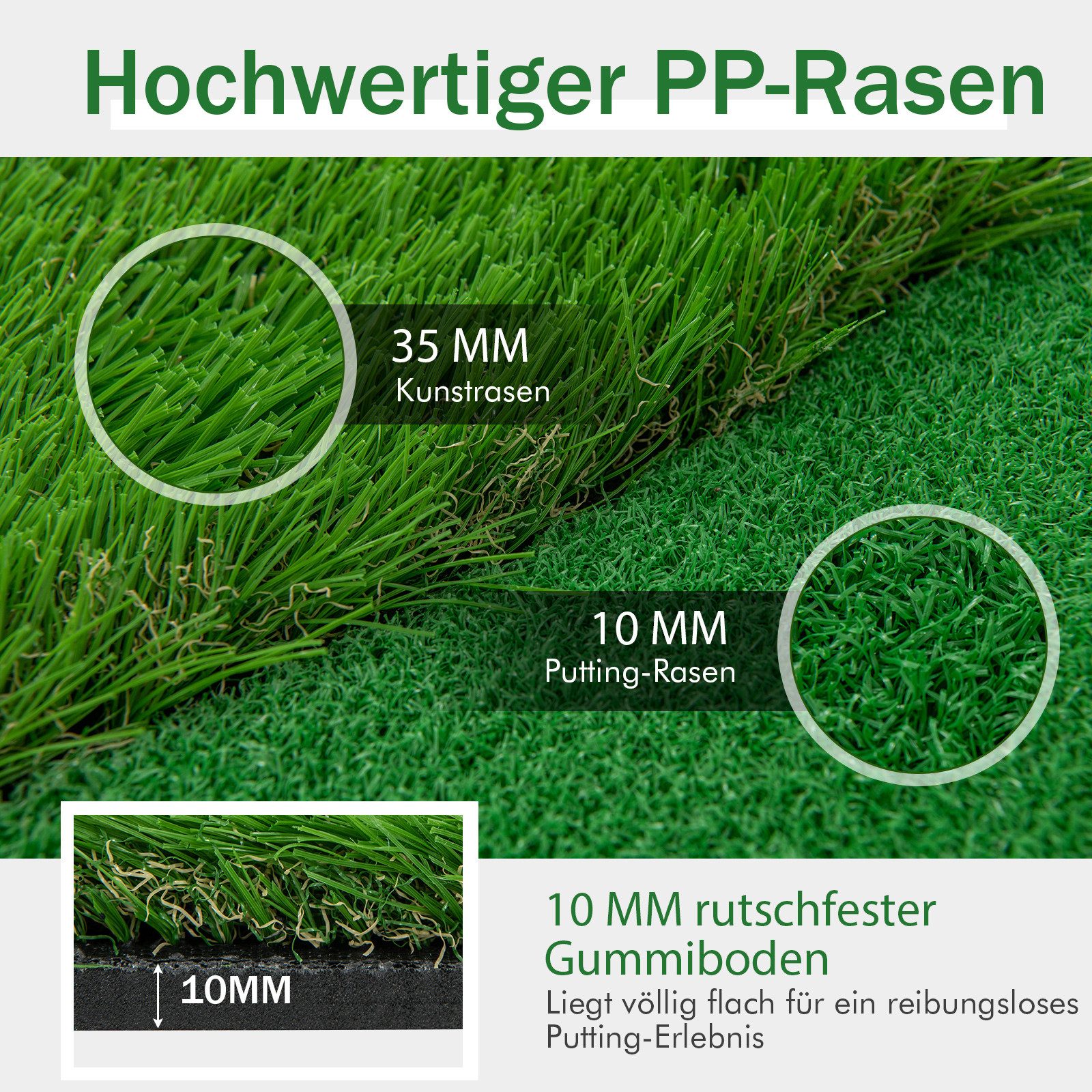 COSTWAY Puttingmatte, 300 x 100cm Golfmatte mit 3 Löcher