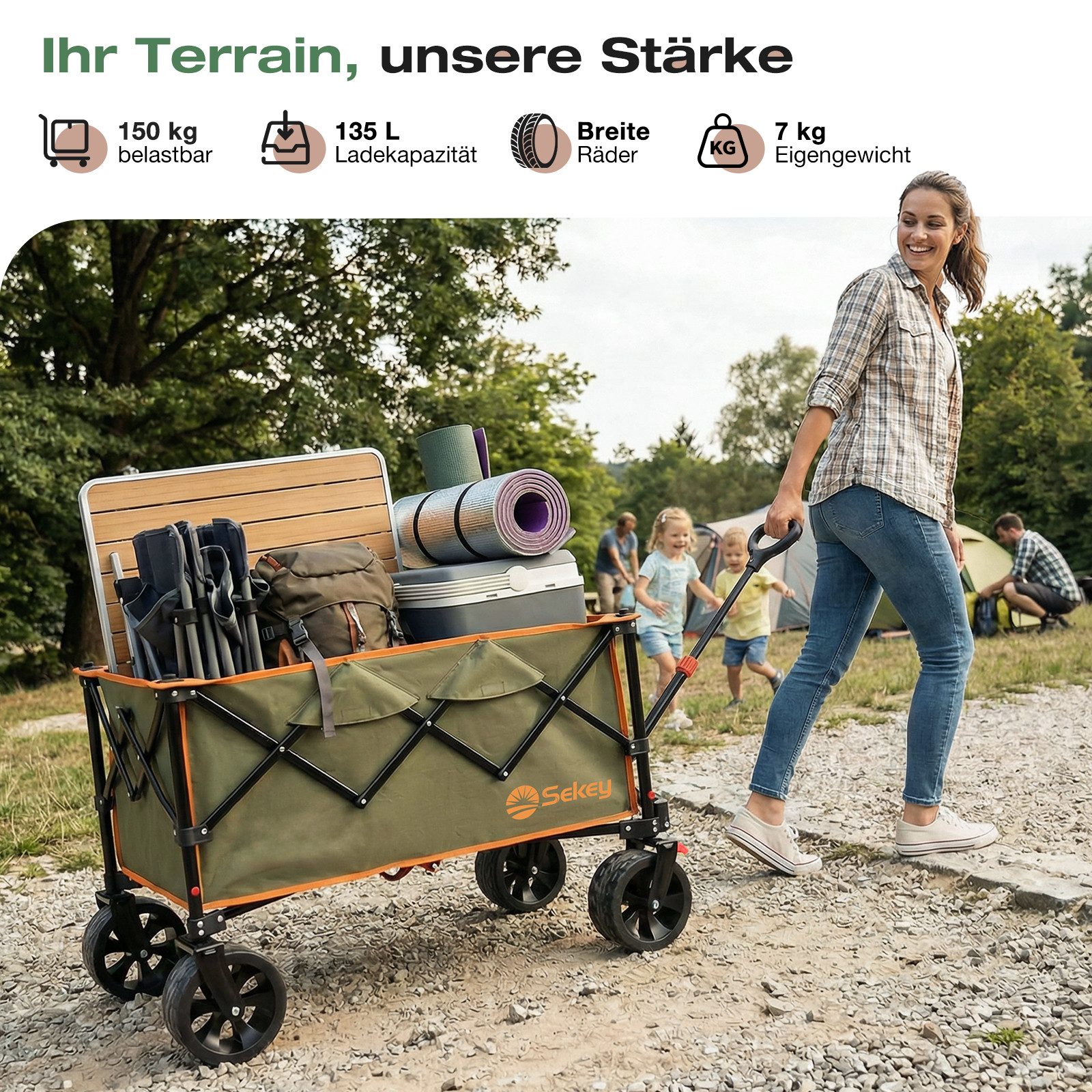 Sekey Bollerwagen 150KG Bollerwagen Faltbar Handwagen mit breiten Reifen Campingwagen, Leichter Faltbollerwagen mit Bremse, Patentiert 4-Wege-Sofortaufbau