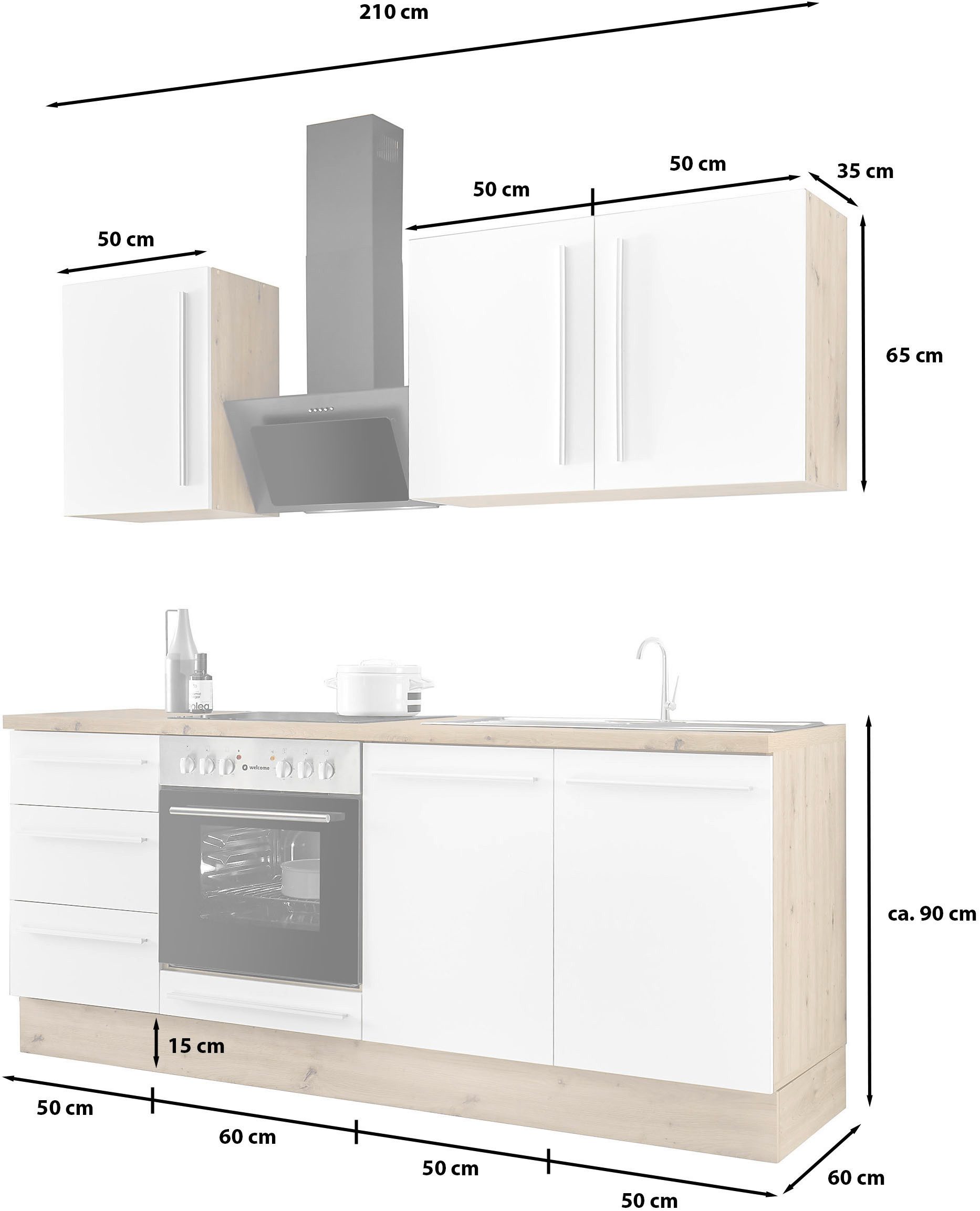 KOCHSTATION Küchenzeile KS-Florida mit 38mm starker Arbeitsplatte, Breite 210 cm, wahlweise mit E-Geräten, Soft-Close-Funktion