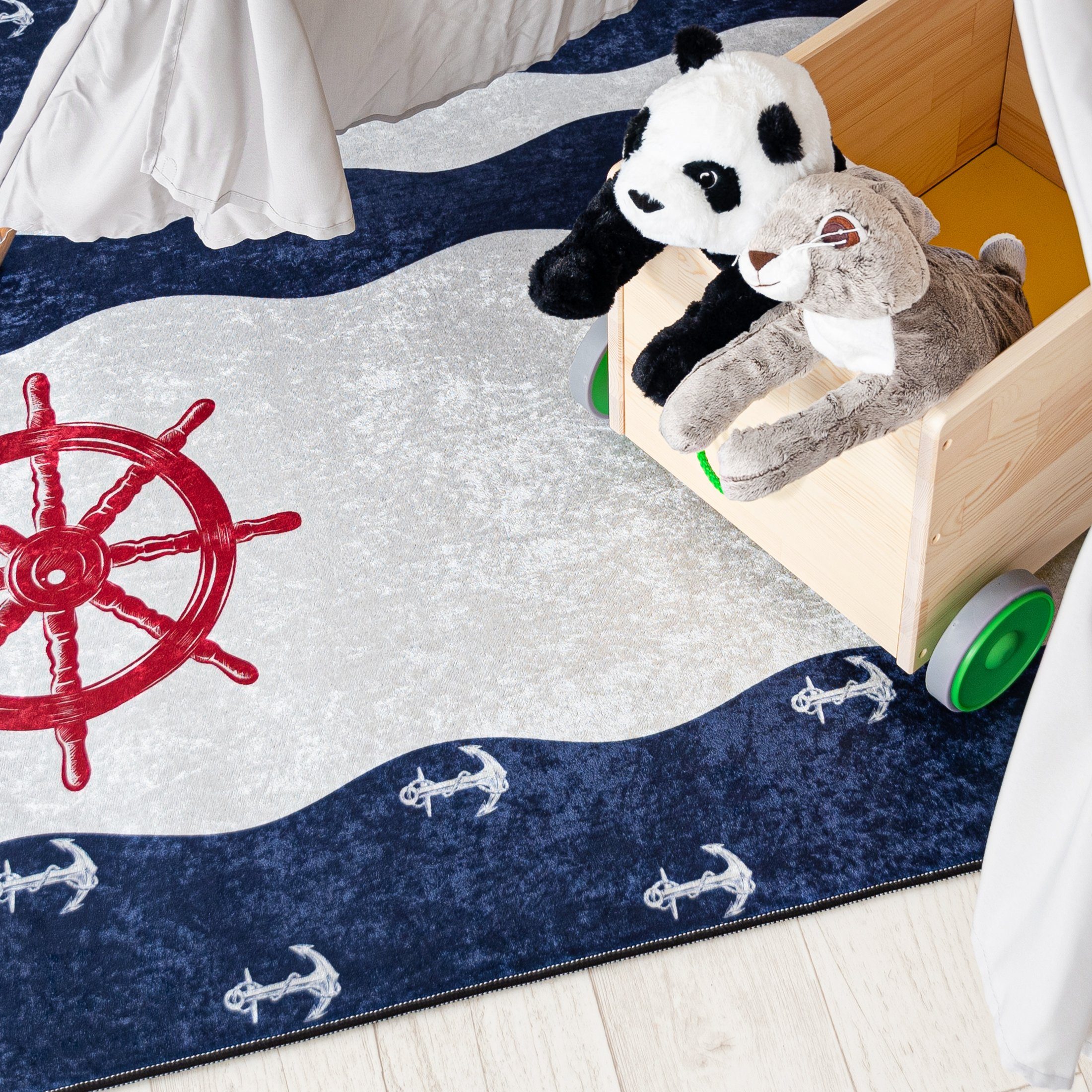 Mazovia Kinderteppich Kinderteppich Kinderzimmerteppich Anker Motiv, 80 x 150 cm, Kurflor, Waschbar in Waschmaschine, Höhe 5 mm, Rutschfest