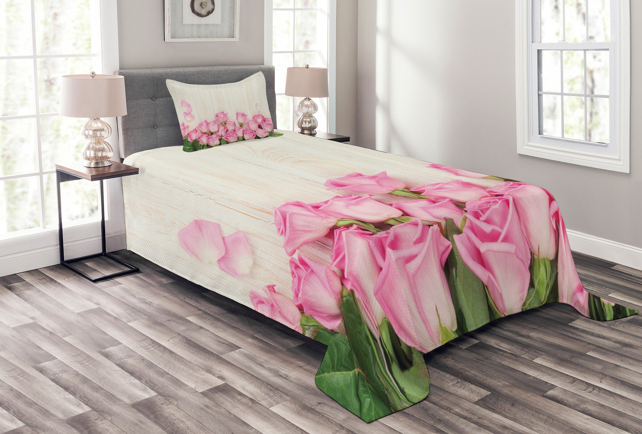 Tagesdecke Set mit Kissenbezügen Waschbar, Abakuhaus, rustikales Holz Blooming Rose Bouquet