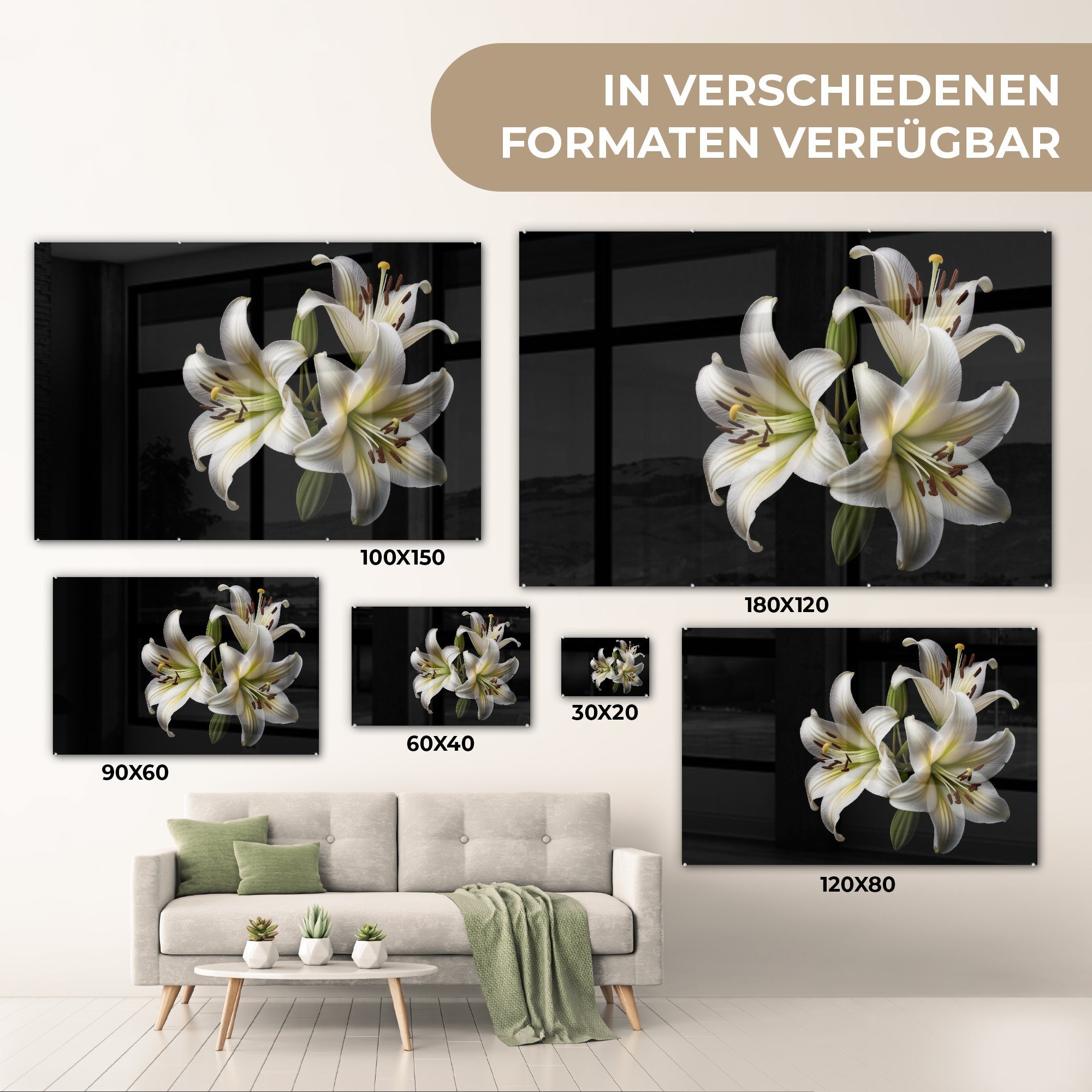 Lilie auf Weiß - MuchoWow - Glasbilder - Acrylglasbild St), - Wanddekoration Natur Glas Blumen - auf Foto Wandbild Botanisch, - Glas Bilder - (1