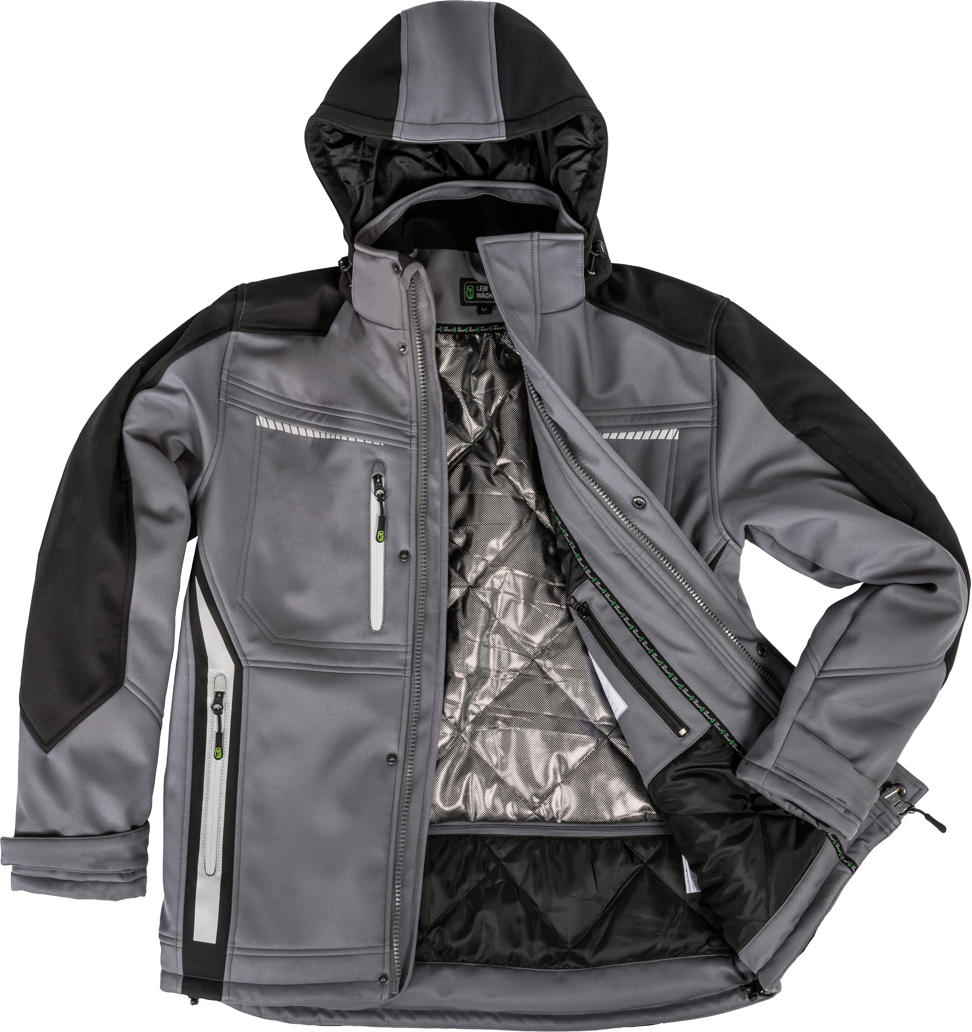 Leibwächter Winterjacke Flex-Line Herren Winter Softshelljacke mit Rückenisolierung (Winterjacke mit Reflektoren, Softshelljacke mit abnehmbarer Kapuze) atmungsaktiv 3000 g/m²/24 h, wasserdicht 8000 mm