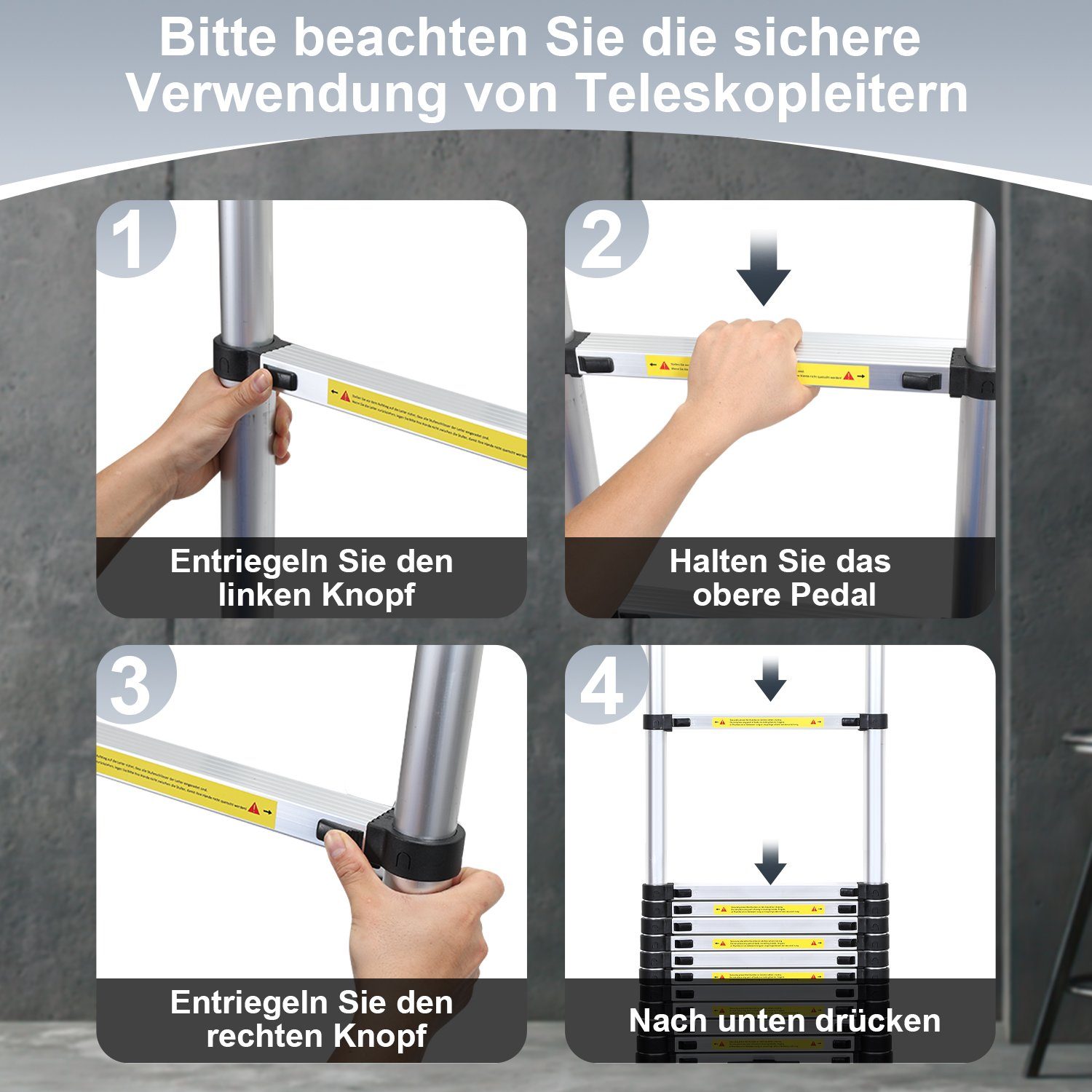 Teleskopleiter Alu Rädern Anlegeleiter Lospitch 2.5+2.5m mit Stabilisator Teleskopleiter